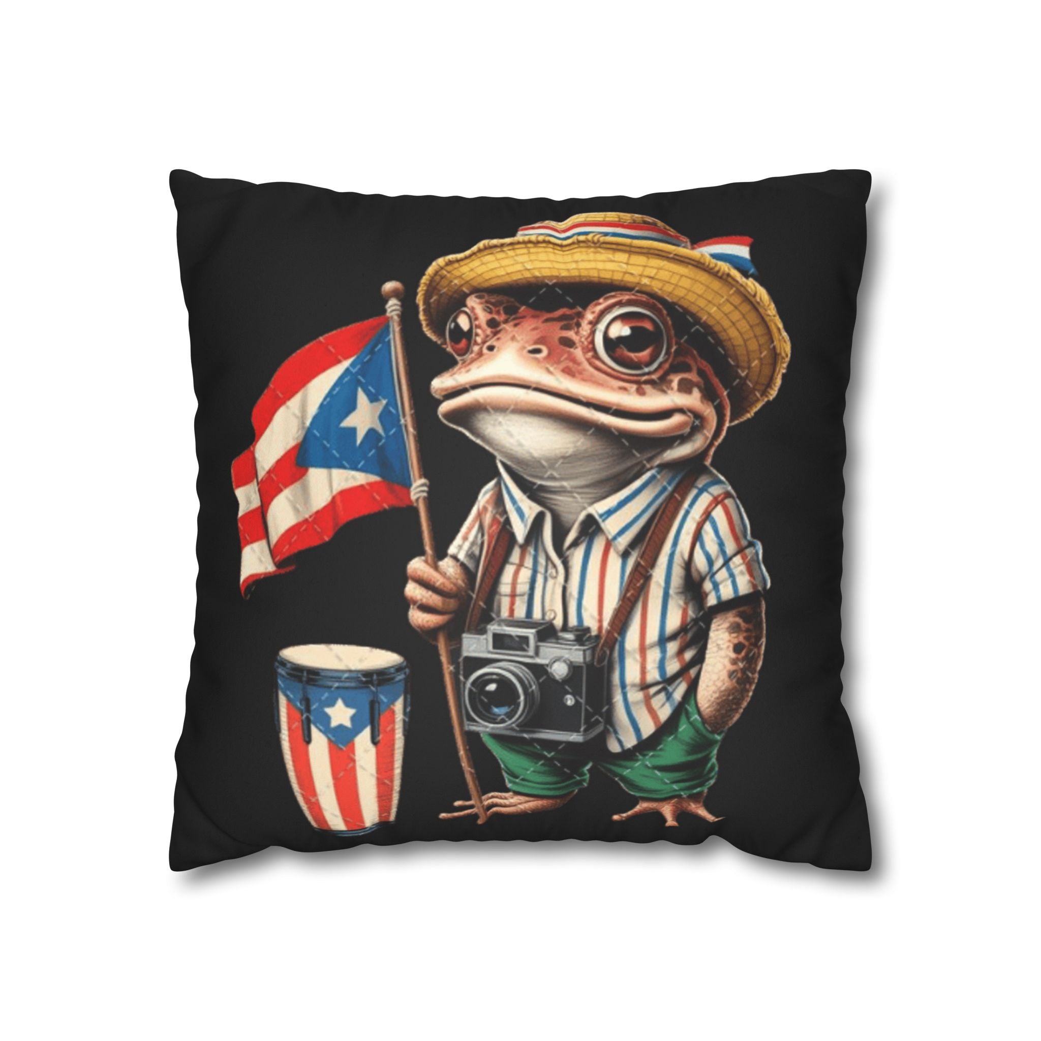 Puerto Rican Flag Frog Faux Suede Pillowcase  Tourist Toad Camera Design Puerto Rico Culture Pillow