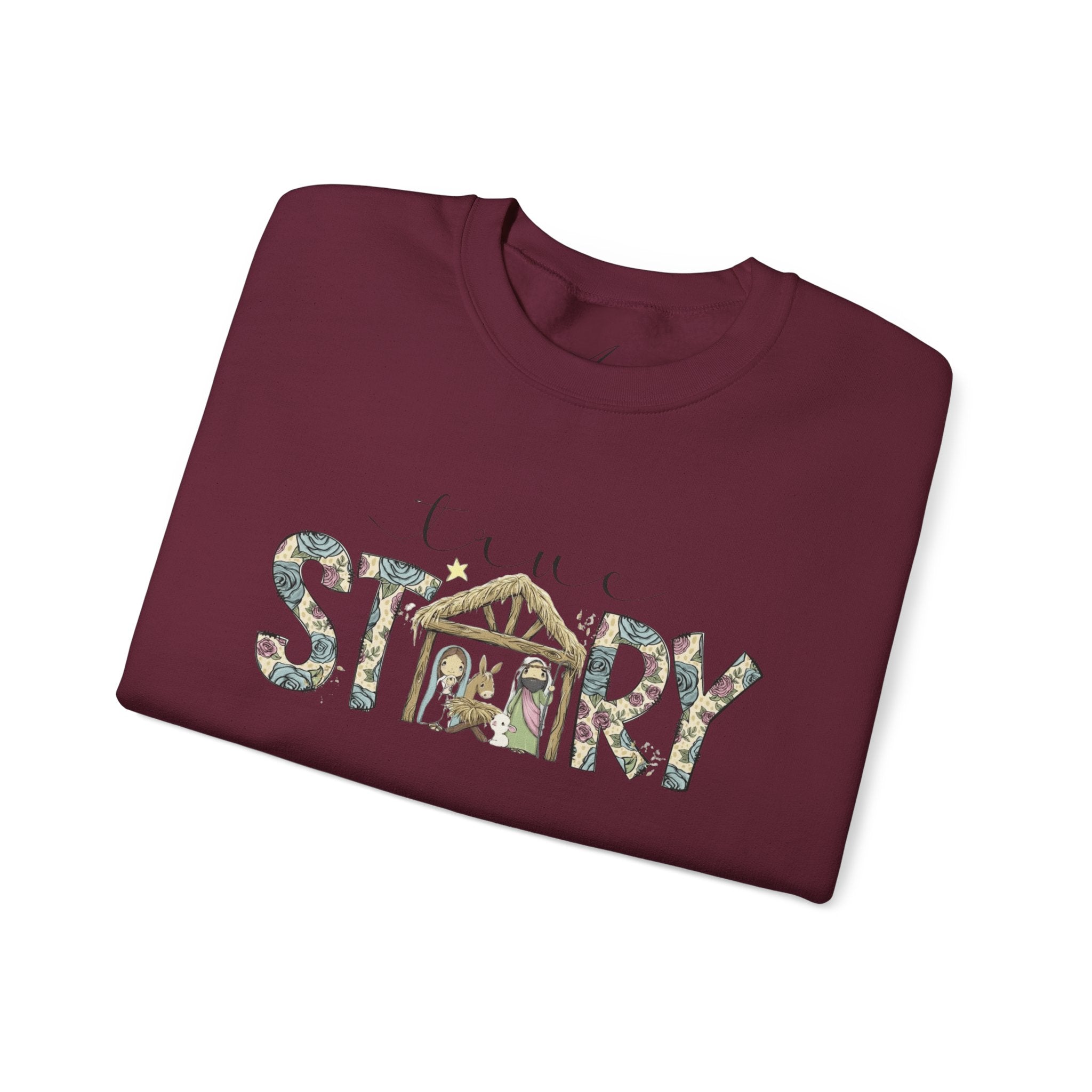 Crewneck Sweatshirt "Come Story" Floral Nativity Design  Cozy Christmas Pullover unique festive designs and joyful
