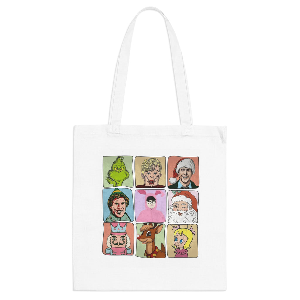 Holiday Movie Character Tote Bag  Retro Christmas Icons Grid Christmas Tote Bag  Boricua Bento