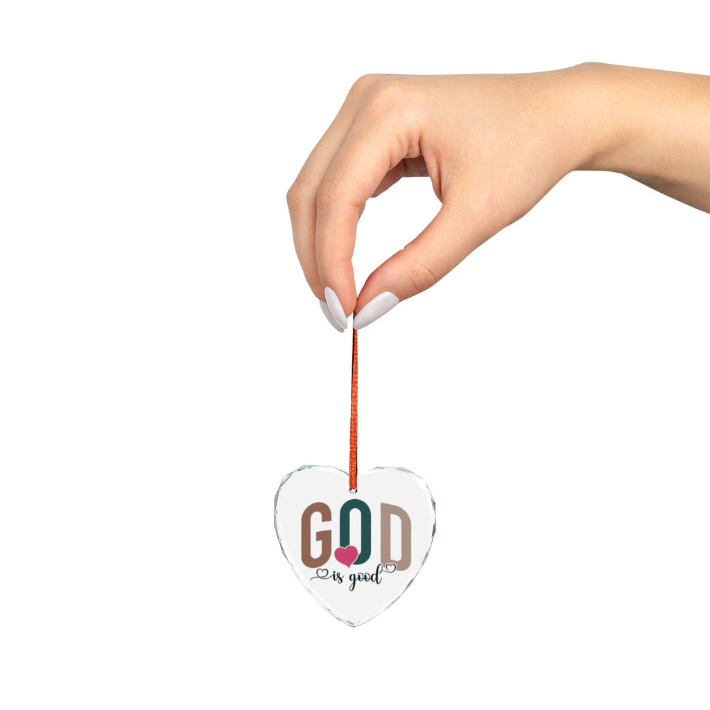 Crystal Heart Ornament — “God Is Good” Religious Glass Ornament (Heart with Pink Heart Accent)