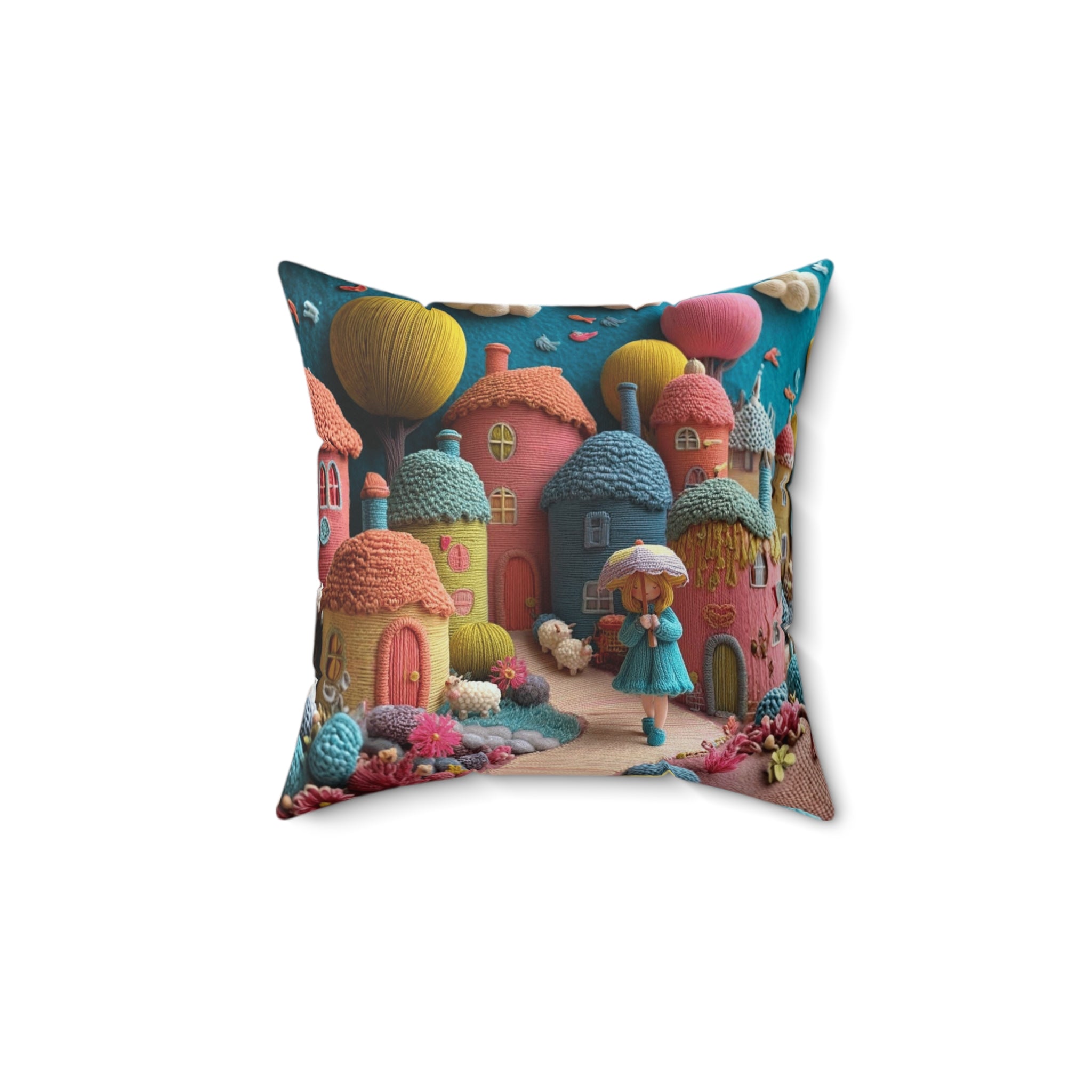 Whimsical Candy Village Throw Pillow — Colorful Knitted Cottage Decorative Cushion