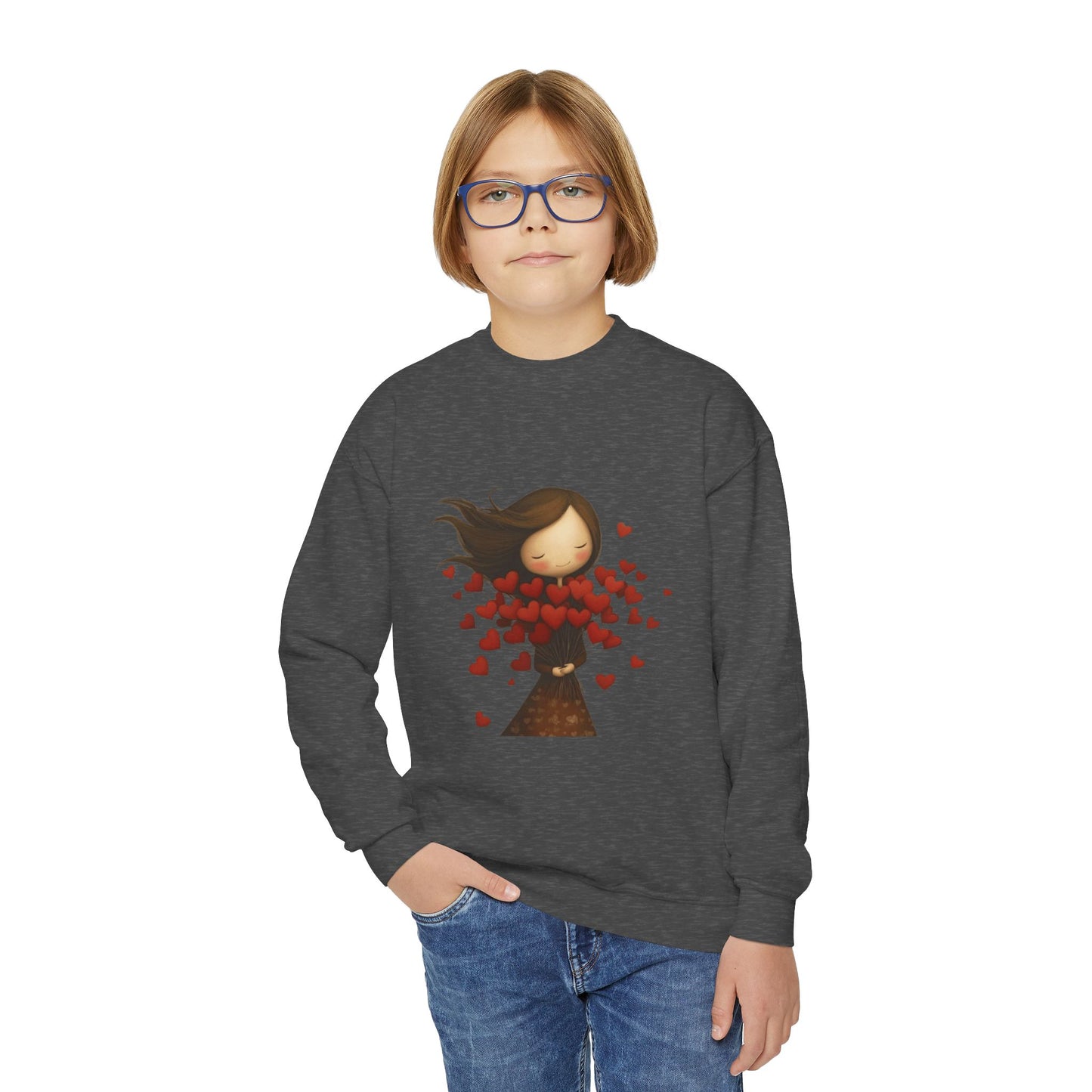 Youth Sweatshirt  Cute Girl with Heart Shower "Love Bug" Crewneck