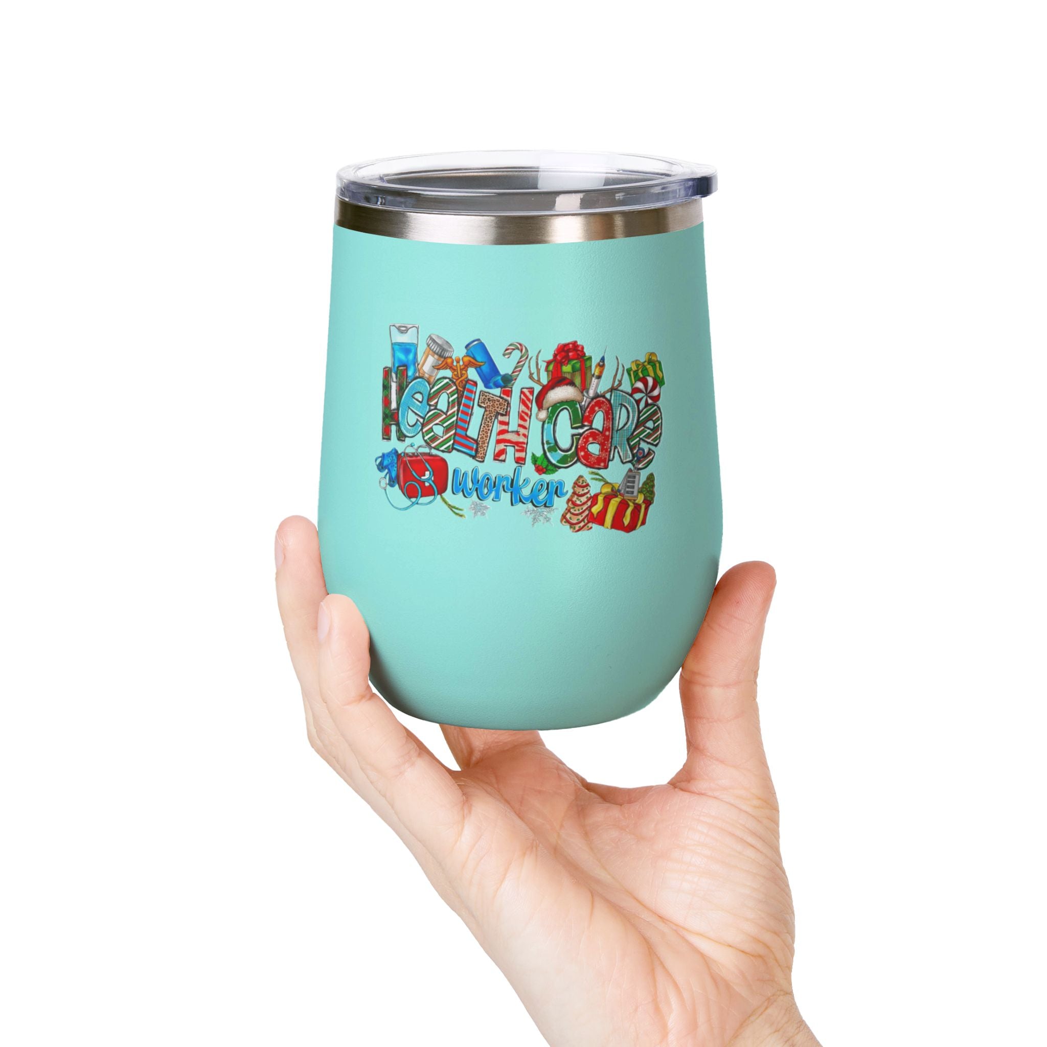 Healthcare Worker 12oz Wine Tumbler — Colorful Holiday Medical Staff Gift Medical Christmas Mug