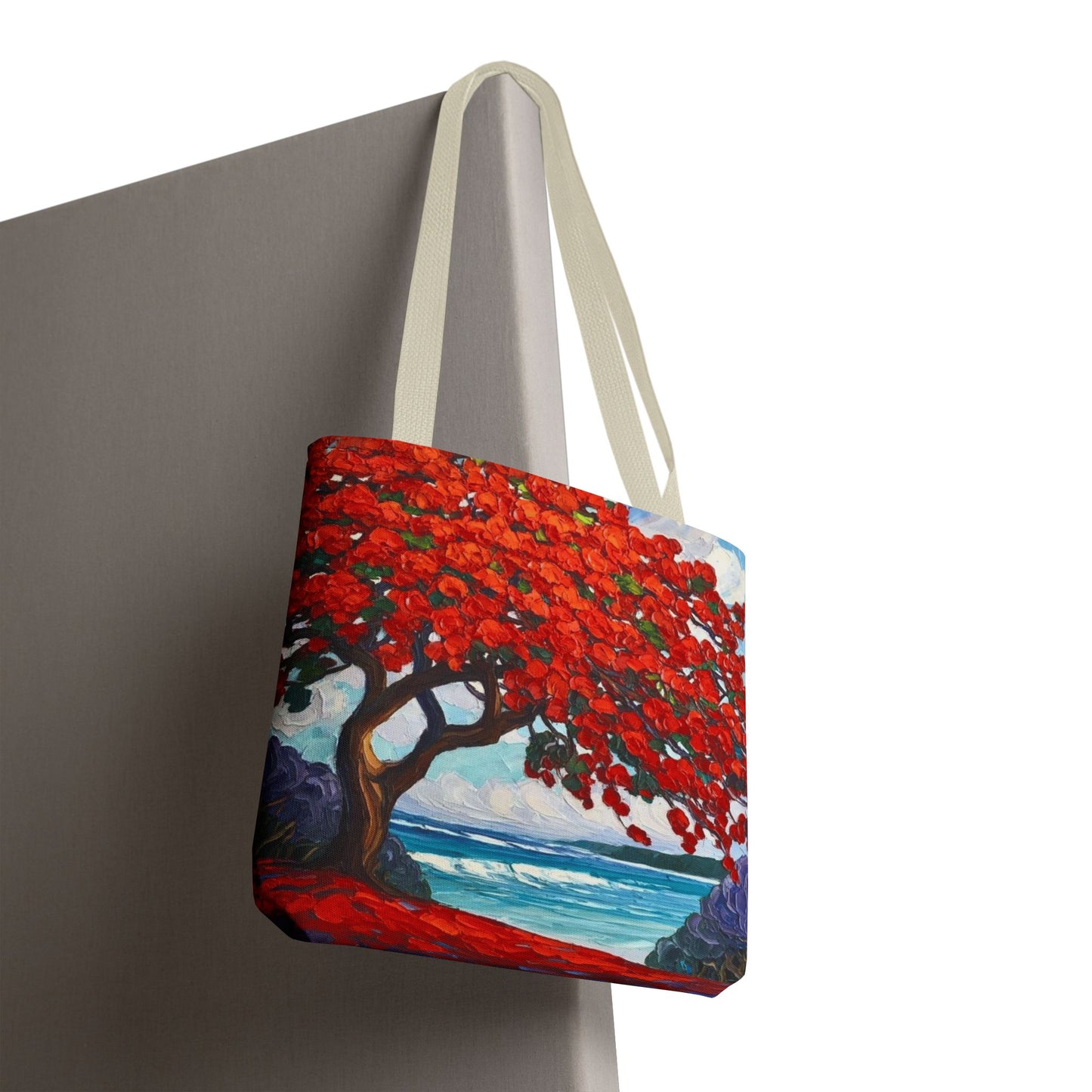 Red Blossom Beach Tote - Tropical Tree Art All-Over Print Tote Bag Crochet-Decorated Tote Bags