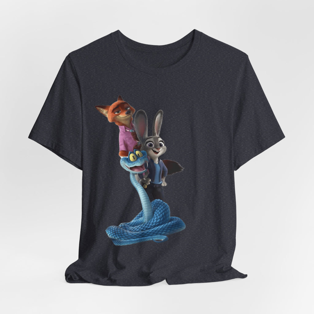 Animated Character Tee — Cute Fox & Bunny Stack Graphic T-Shirt  cartoon-style Christmas artwork