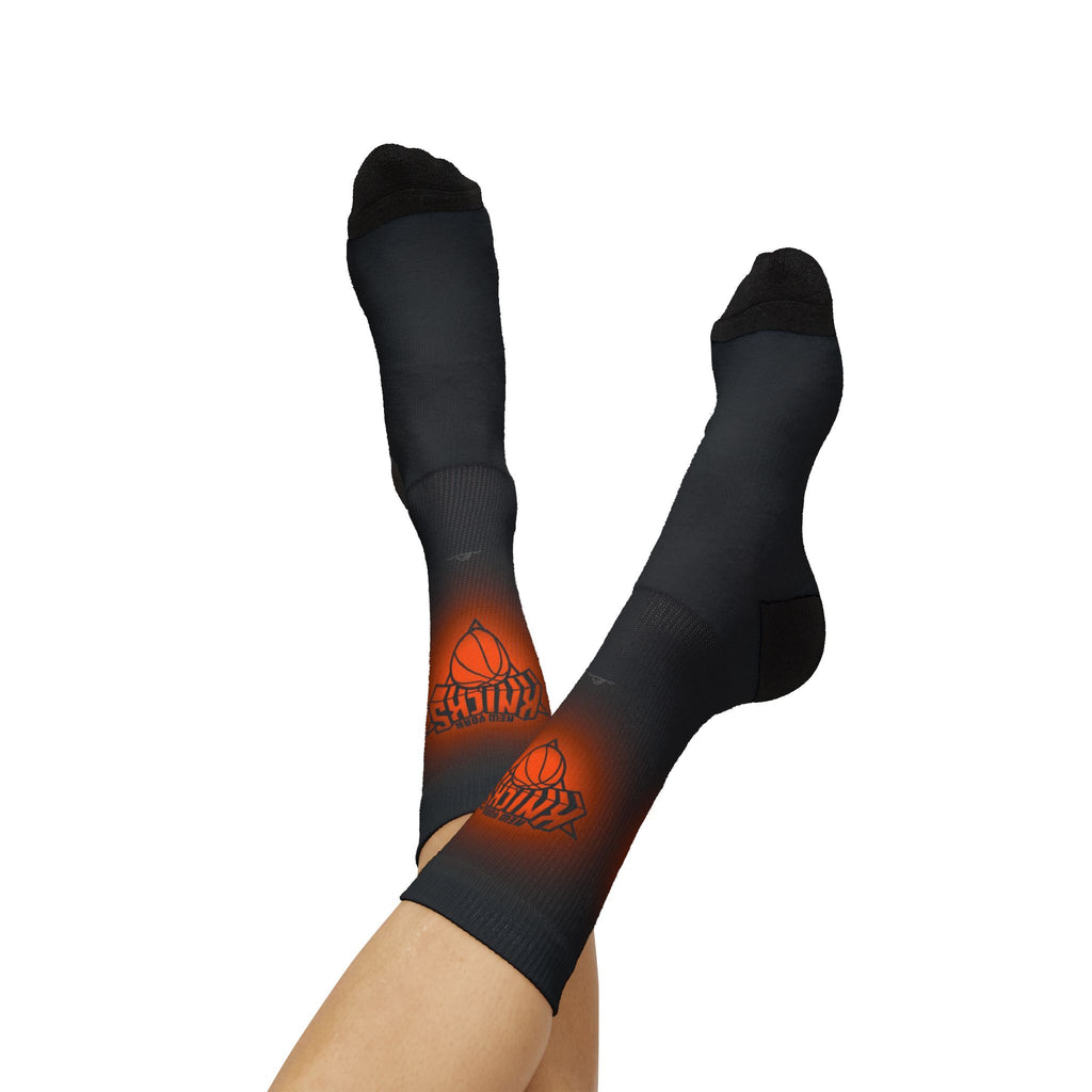 Basketball-Inspired Pattern Crew Socks — Retro Sports Sublimation Socks — Orange Gradient Crew Socks for Fans