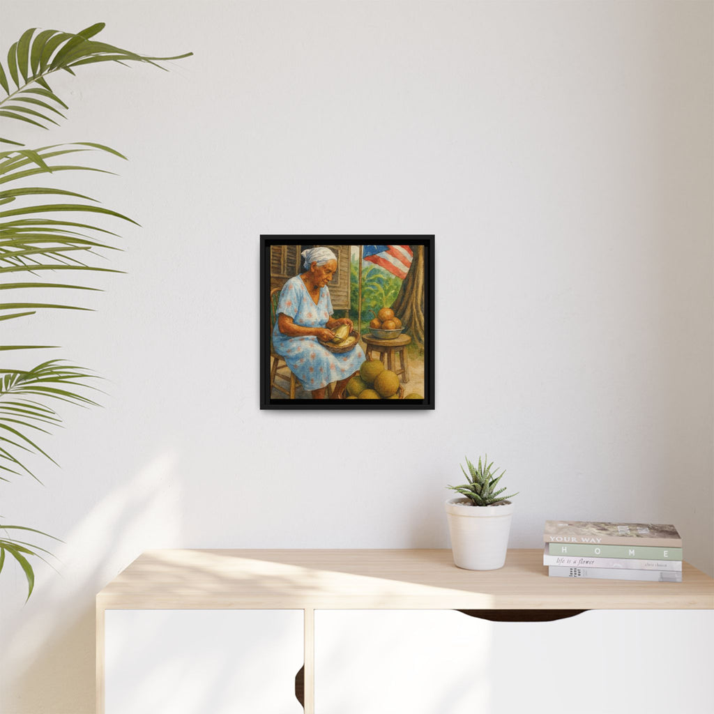 Cultural & Story-Driven These Puerto Rico inspired  Framed Matte Canvas Print  Woman Shelling Fruit Vintage Tropical Painting