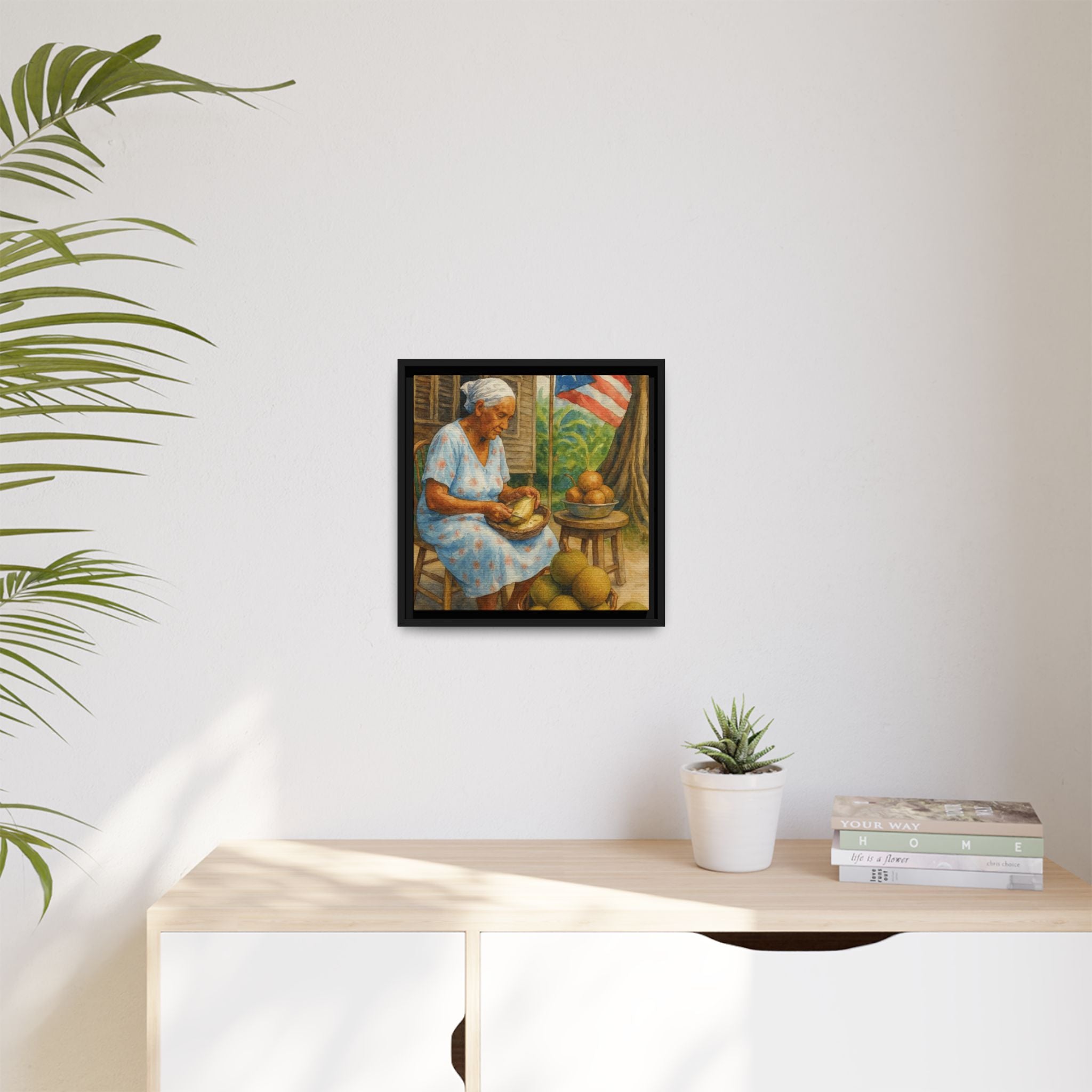 Cultural & Story-Driven These Puerto Rico inspired  Framed Matte Canvas Print  Woman Shelling Fruit Vintage Tropical Painting
