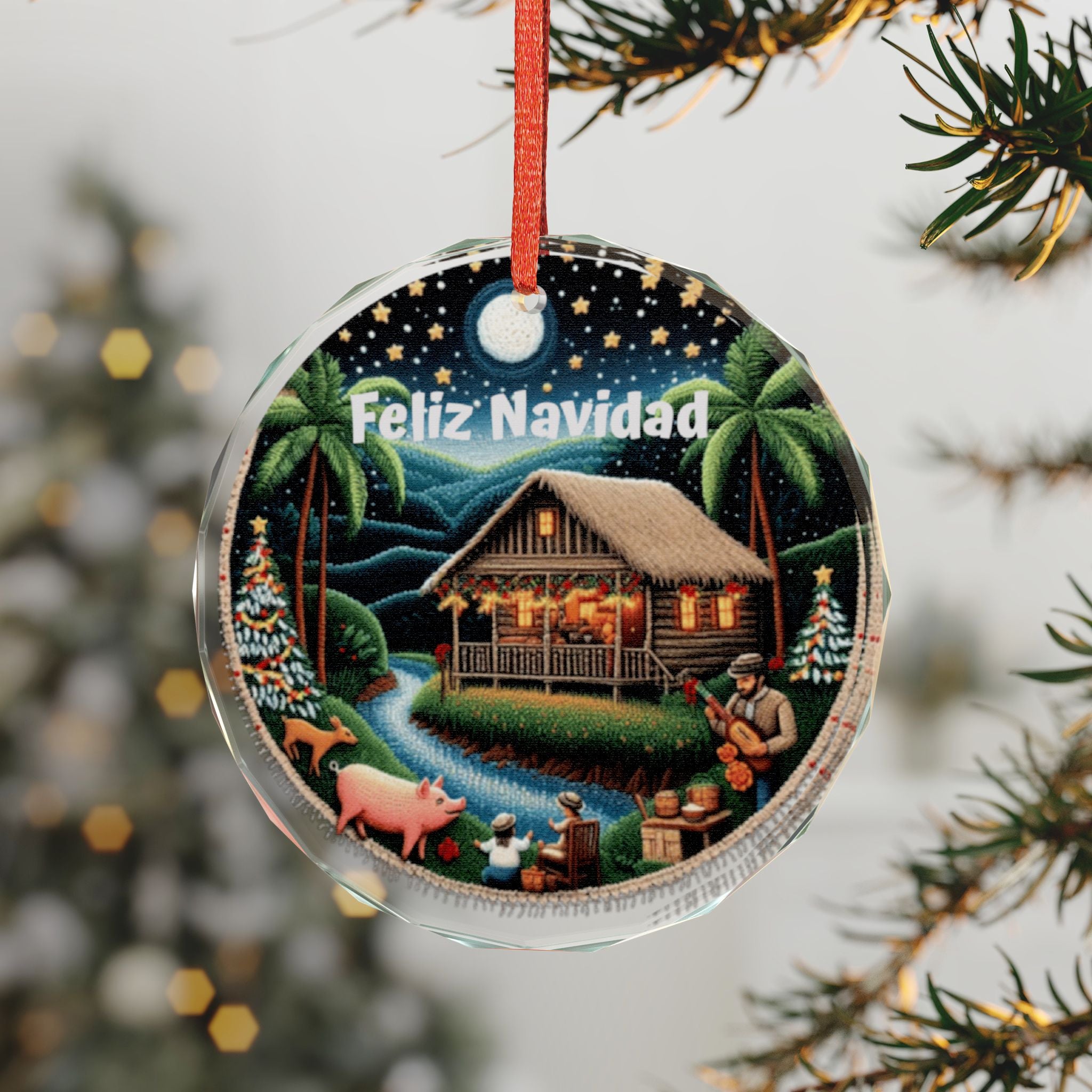 Feliz Navidad Tropical Cabin Crystal Ornament Handcrafted Glass Ball | Puerto Rican Christmas Decor