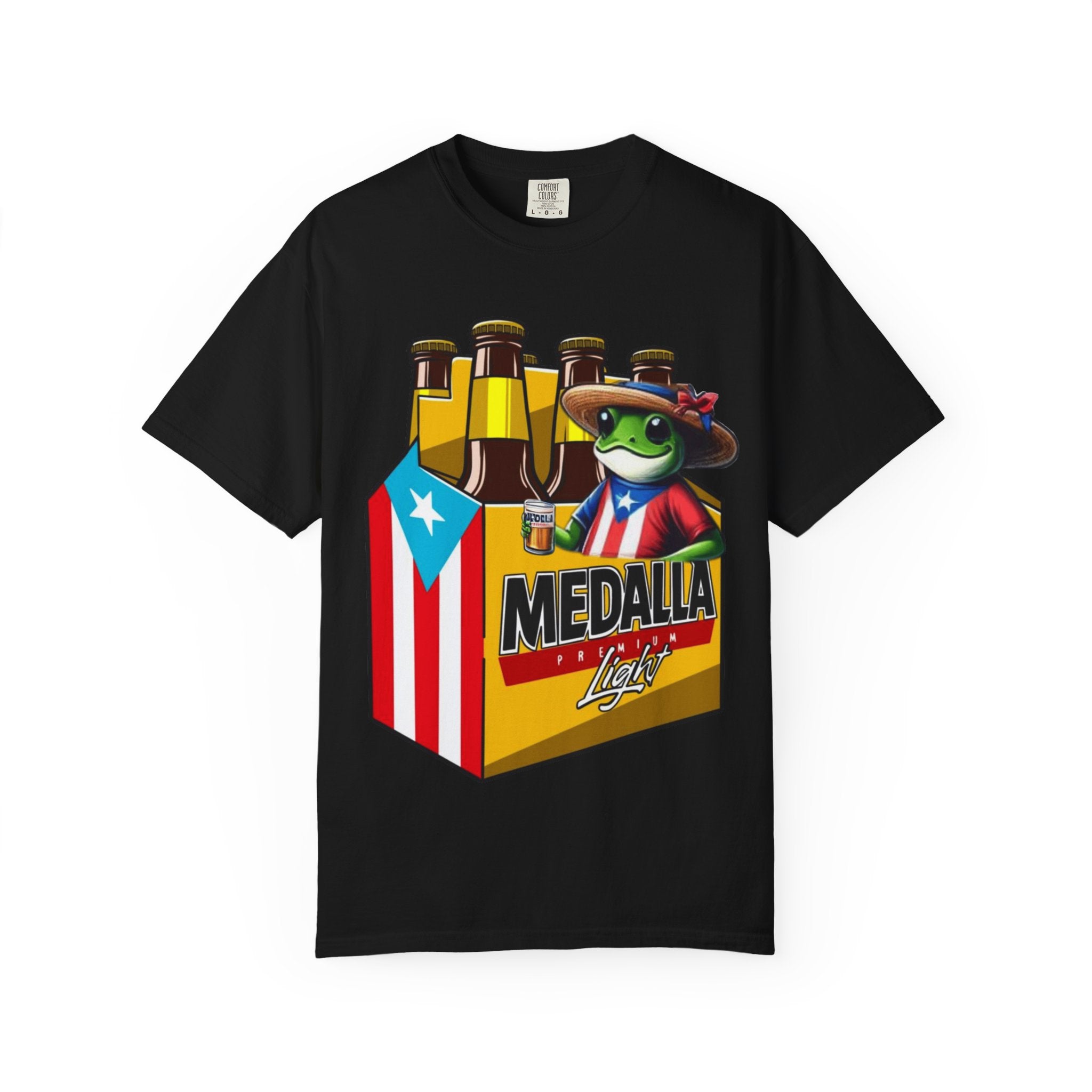 Medalla Light Puerto Rican Beer T-Shirt Coqui Frog Mascot Six-Pack Graphic Tee Puerto Rico’s Navidades