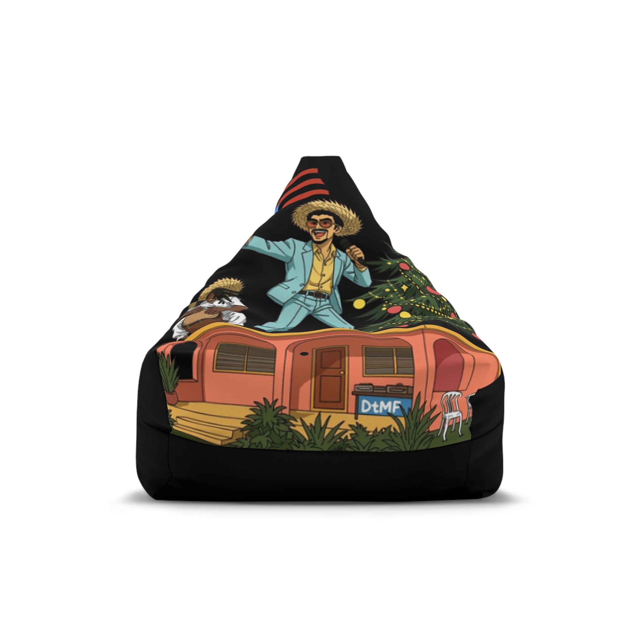 Puerto Rico Navidades Benito Bean Bag Chair Cover  Retro Camper Vibes Graphic (Man in Straw Hat, Palm Trees & Trailer)
