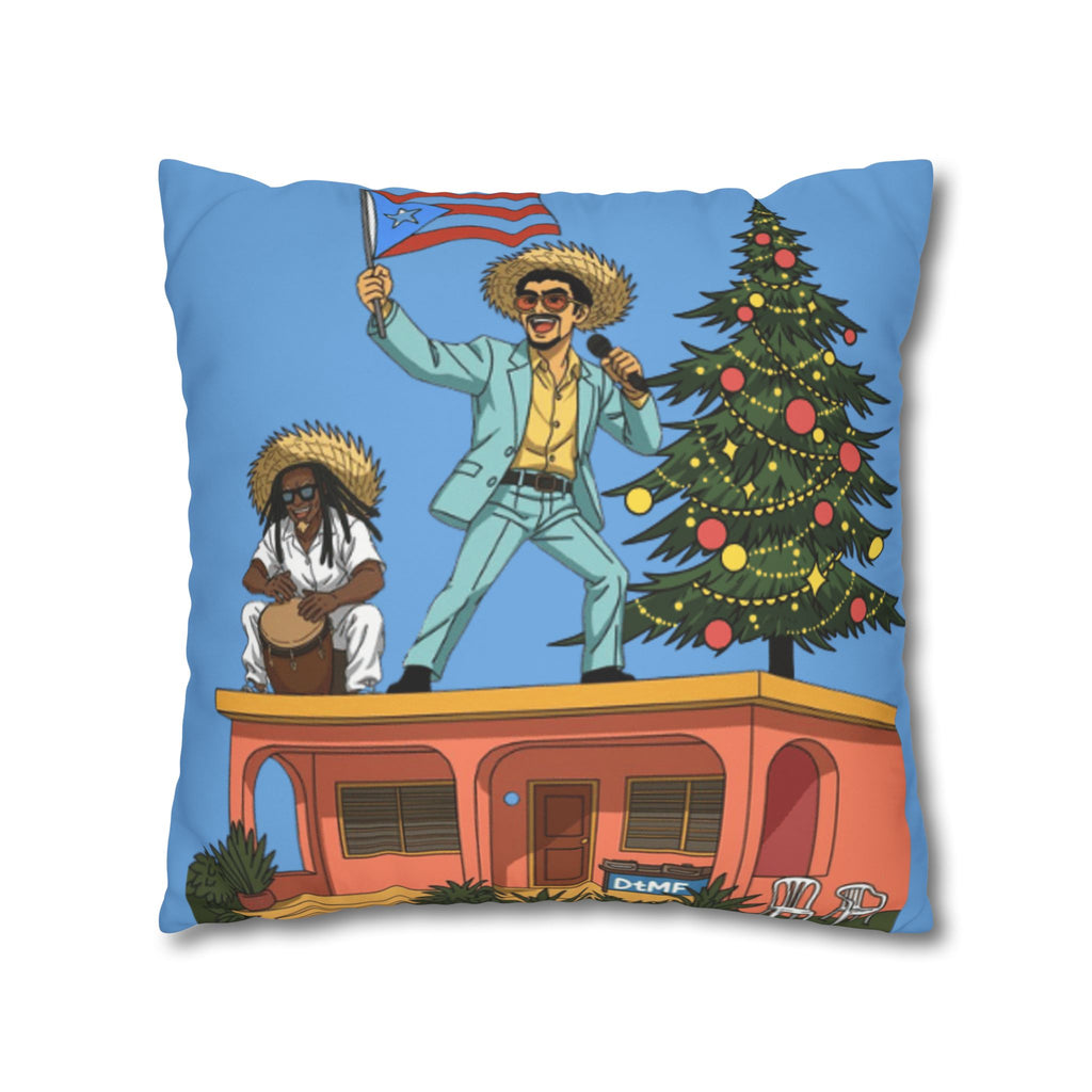 Holiday Vibes Pillow — Festive Duo Singing on Rooftop Christmas Throw Pillow Puerto Rico Culture Pillow