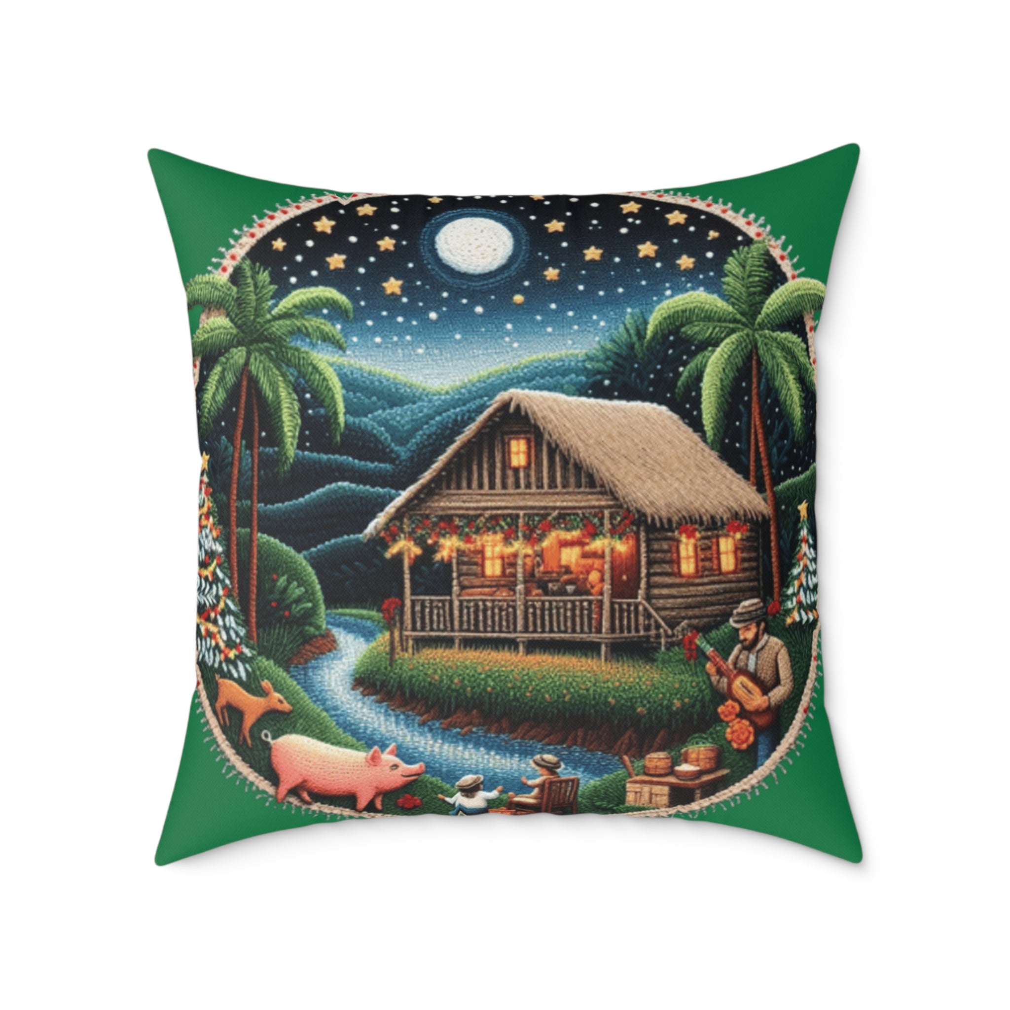 Island Night Cottage Pillow  Tropical Moonlit Cabin Throw Pillow Puerto Rico Culture Pillow