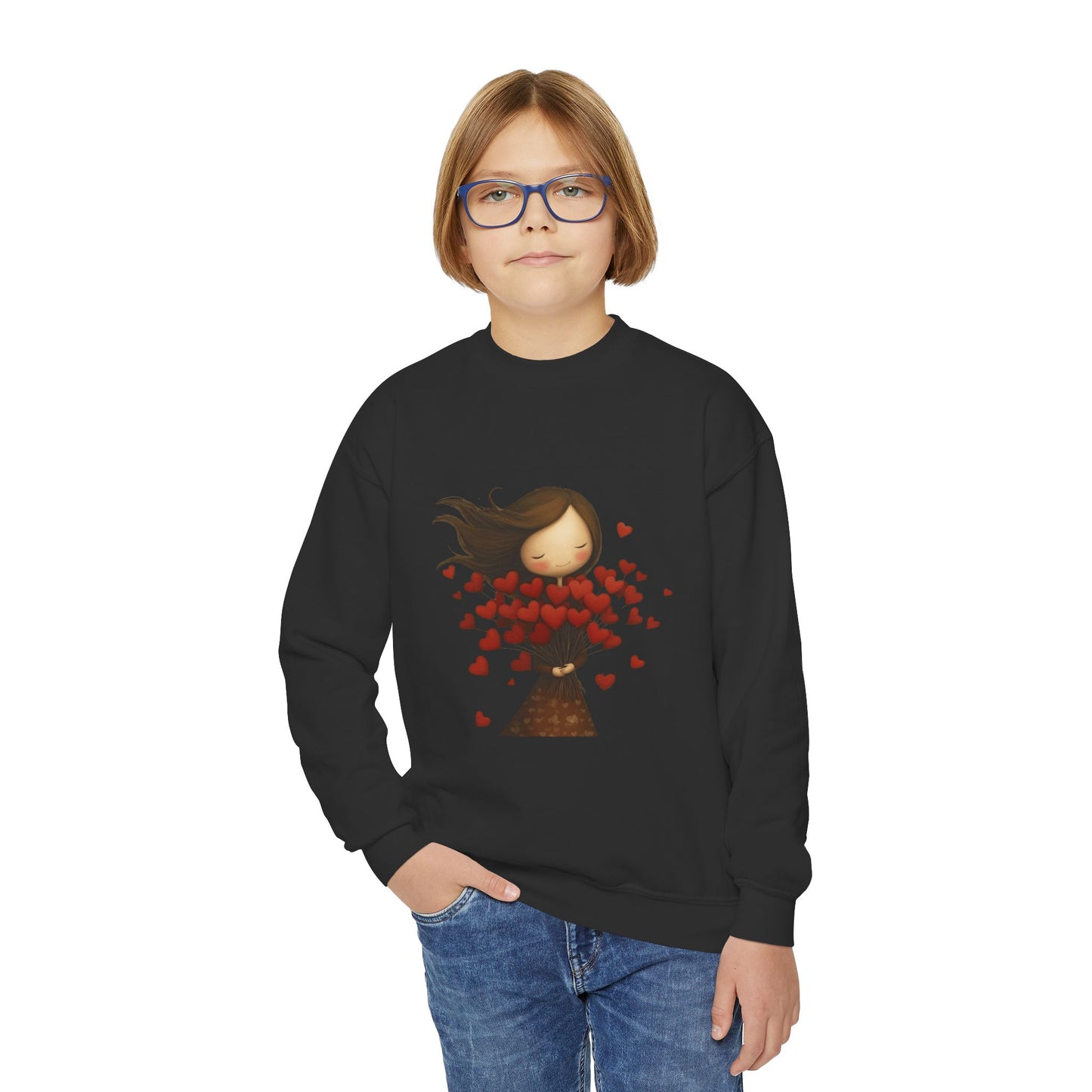 Youth Sweatshirt  Cute Girl with Heart Shower "Love Bug" Crewneck