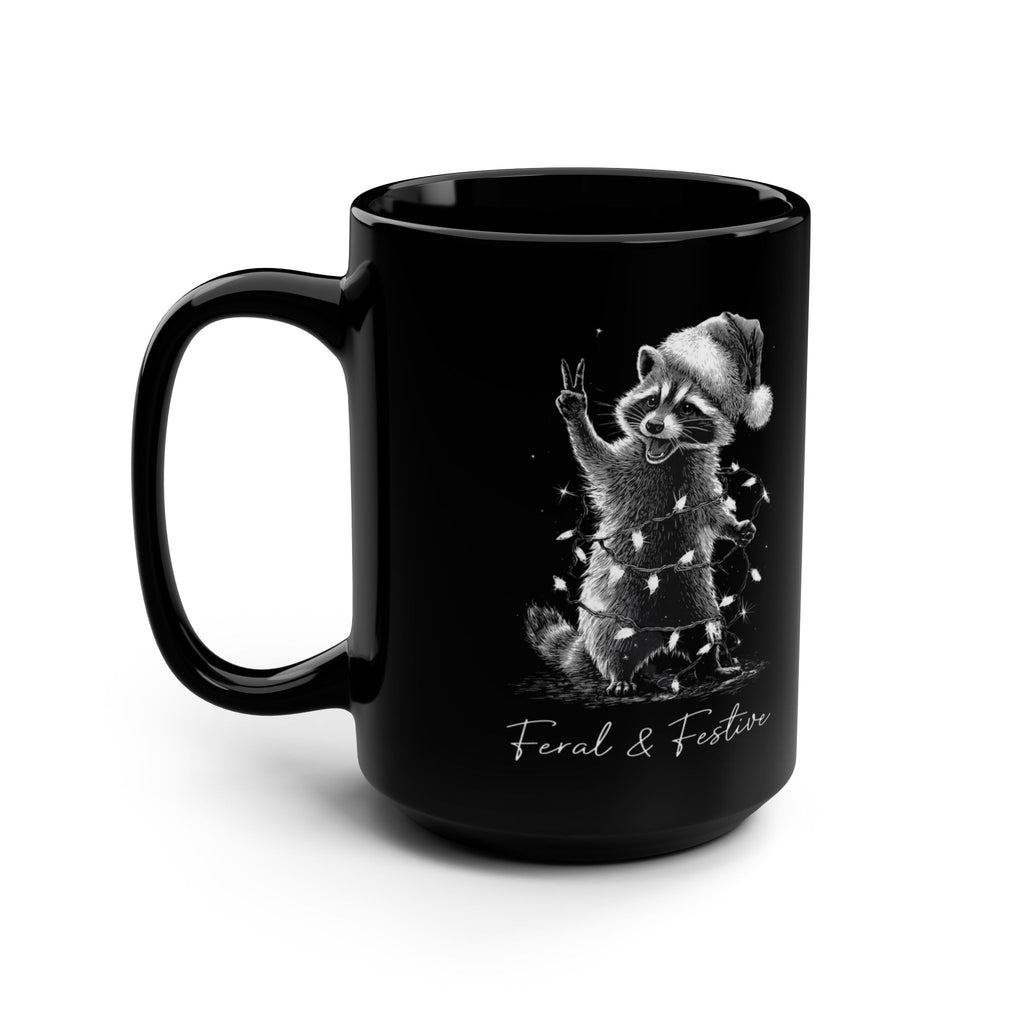 Feral & Festive Raccoon Black Mug — 15oz Holiday Coffee Cup