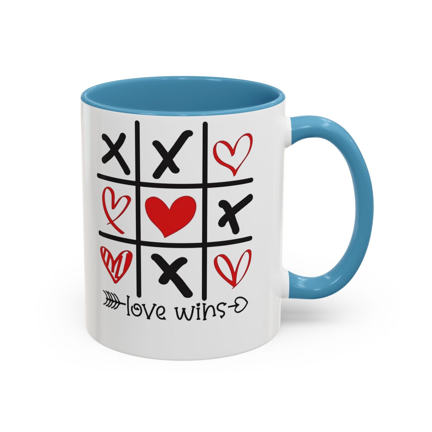 Love Wins Tic-Tac-Toe Heart Accent Coffee Mug — Romantic Valentine 11/15oz