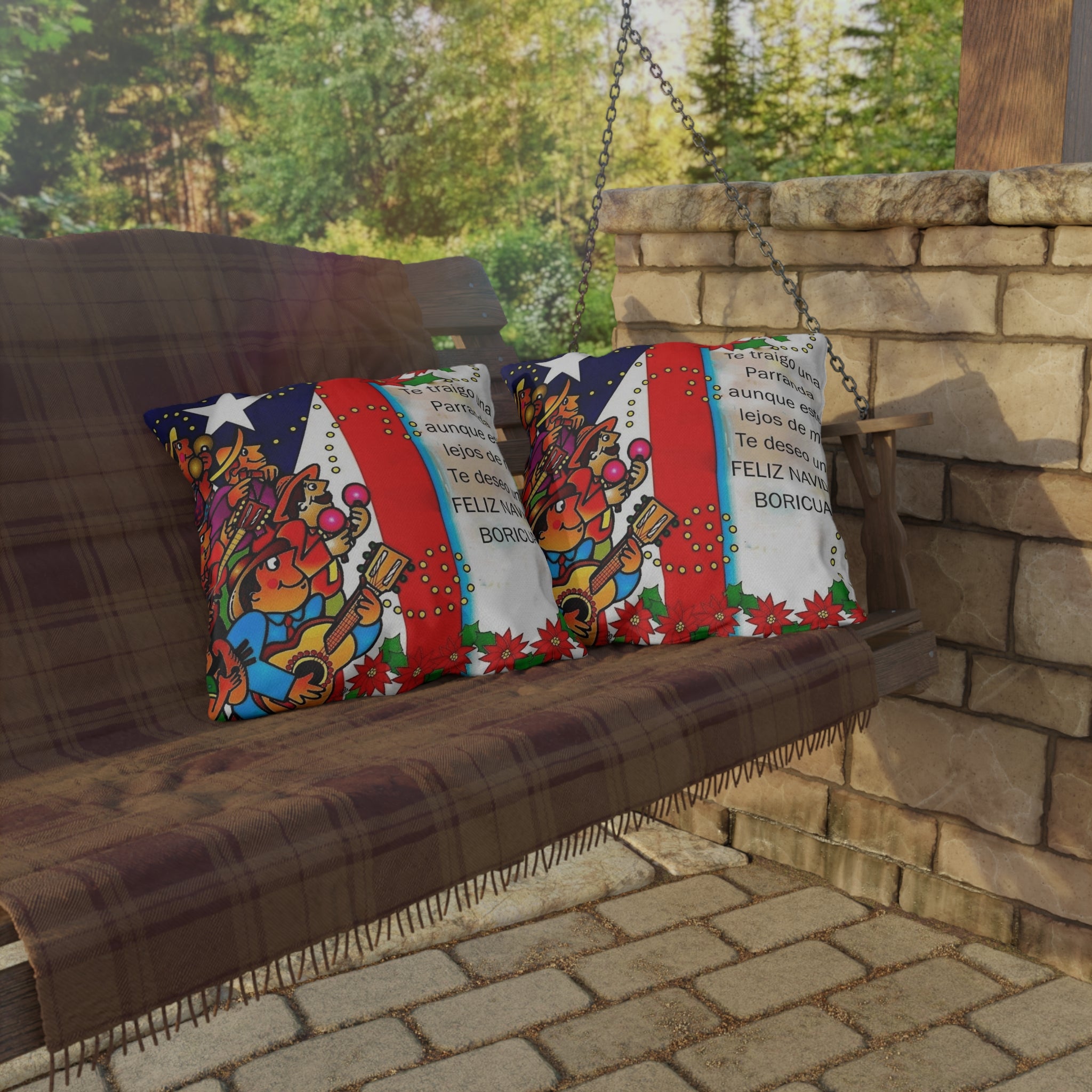 Puerto Rican Christmas Outdoor Pillow — "Te traigo una Parranda" Festive Boricua Holiday Decor