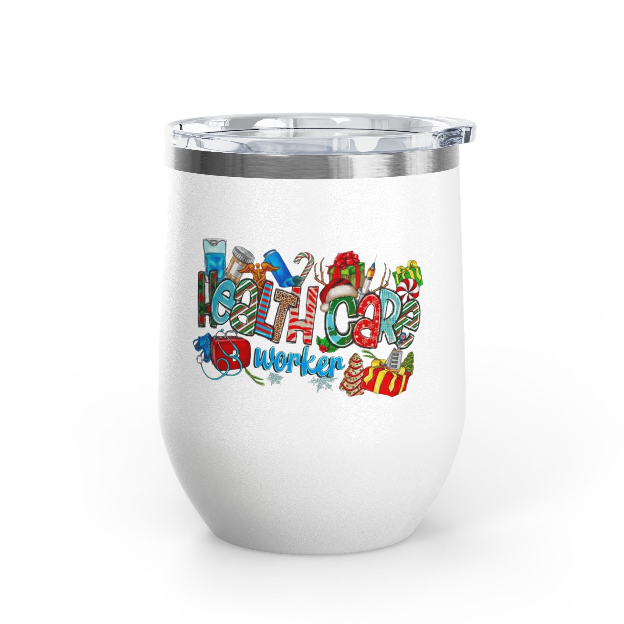 Healthcare Worker 12oz Wine Tumbler — Colorful Holiday Medical Staff Gift Medical Christmas Mug