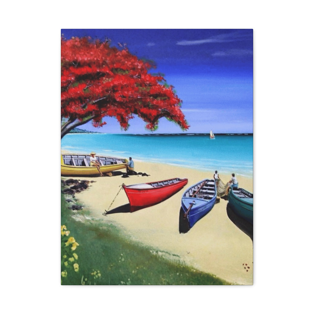 Beach Canoes Canvas Wall Art Tropical Seaside Landscape Matte Stretched Canvas
