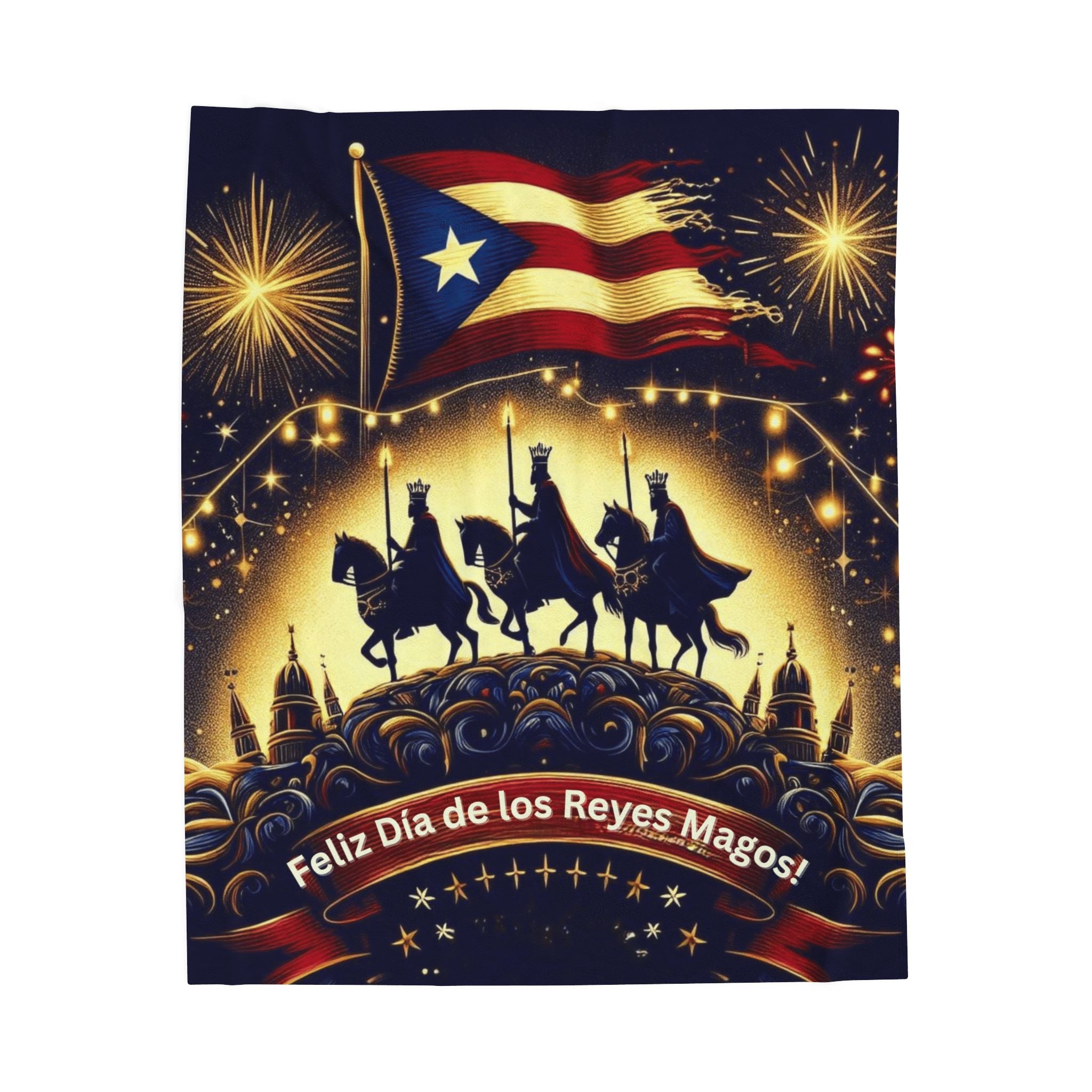 Velveteen Plush Blanket  Feliz Día de los Reyes Magos Puerto Rico Flag Holiday Throw