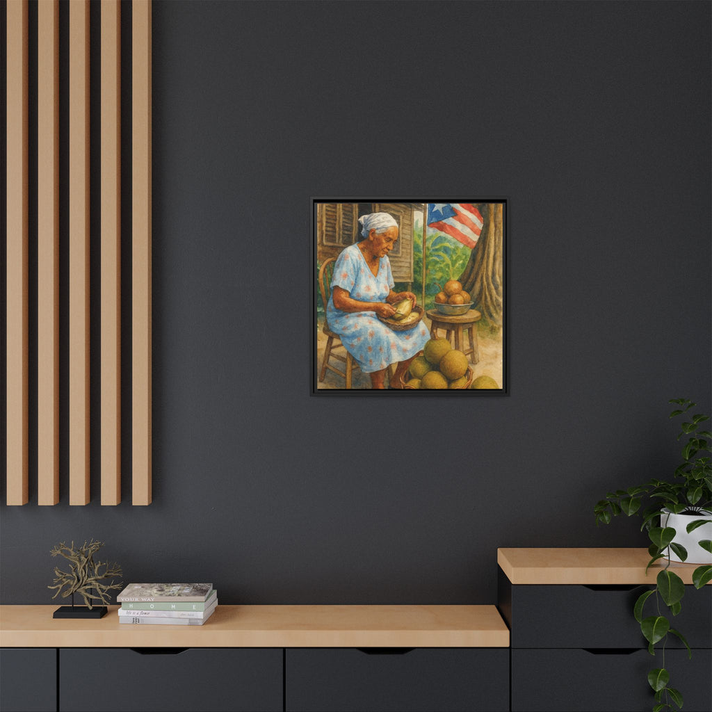 Cultural & Story-Driven These Puerto Rico inspired  Framed Matte Canvas Print  Woman Shelling Fruit Vintage Tropical Painting
