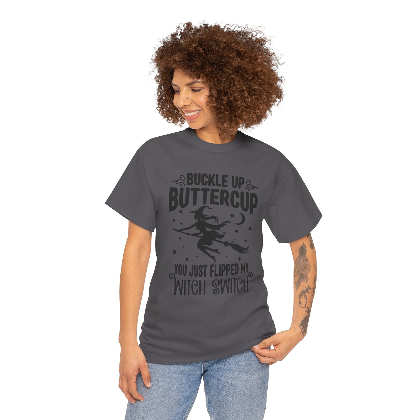 Witchy Humor Tee - Buckle Up Buttercup, Unisex Heavy Cotton Tee, Halloween Shirt, Casual Wear, Gift for Her, Funny T-Shirt