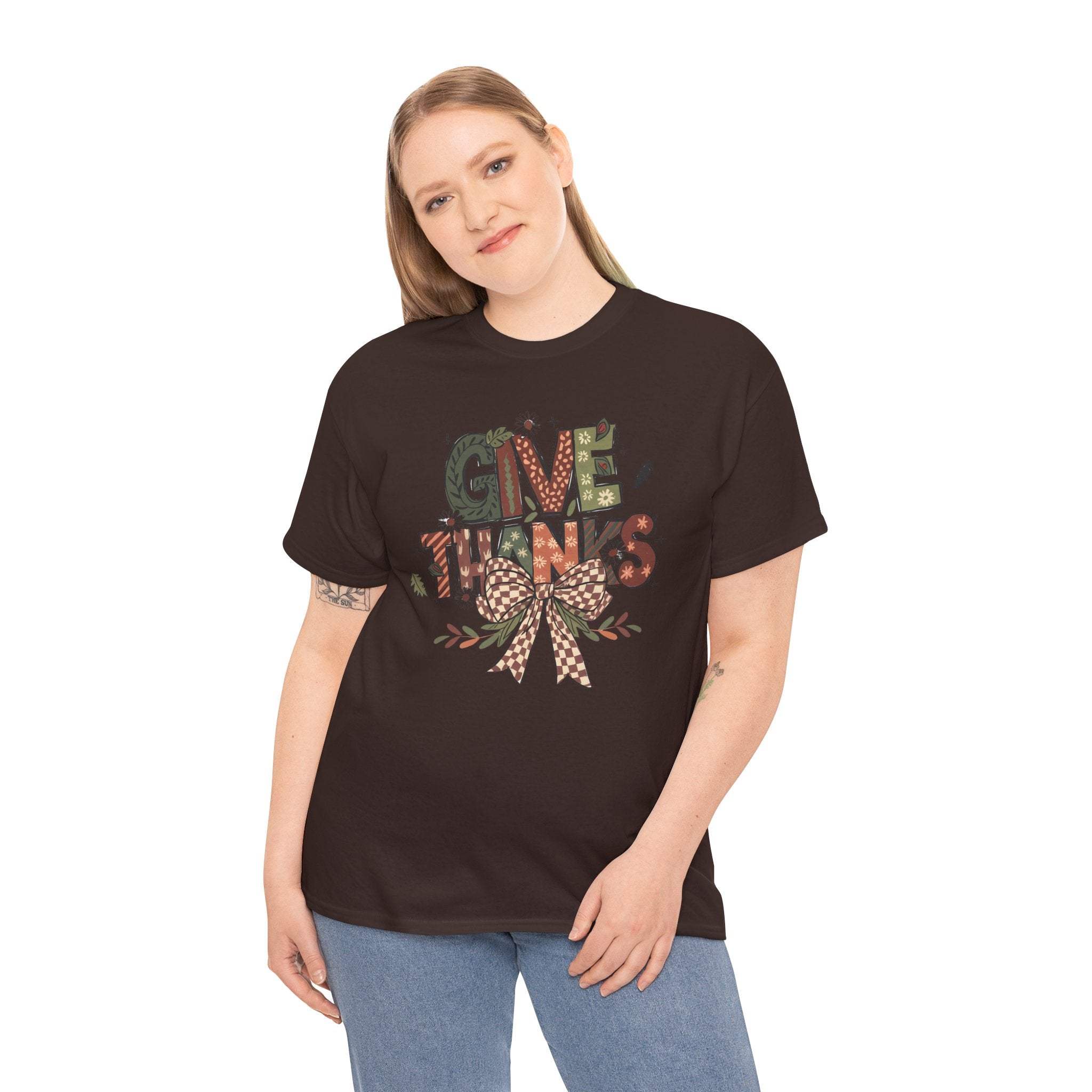 Give Thanks Tee Thanksgiving Graphic T-Shirt with Rustic Bow Design