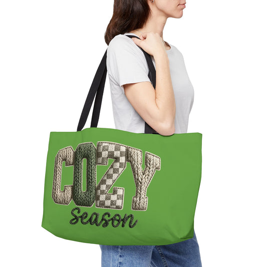 Cozy Season Weekender Tote Bag  Green Knit Lettering Travel & Weekend Carryall