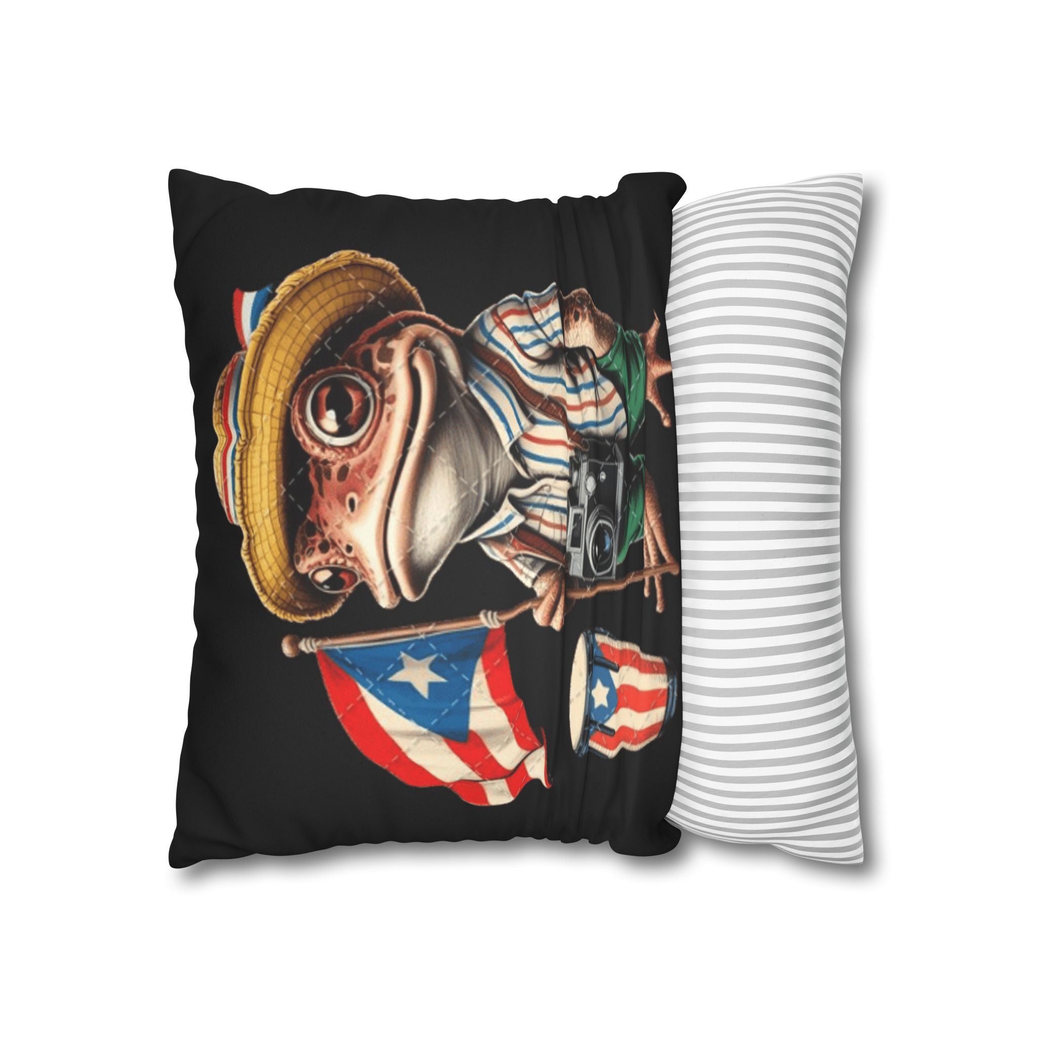 Puerto Rican Flag Frog Faux Suede Pillowcase  Tourist Toad Camera Design Puerto Rico Culture Pillow