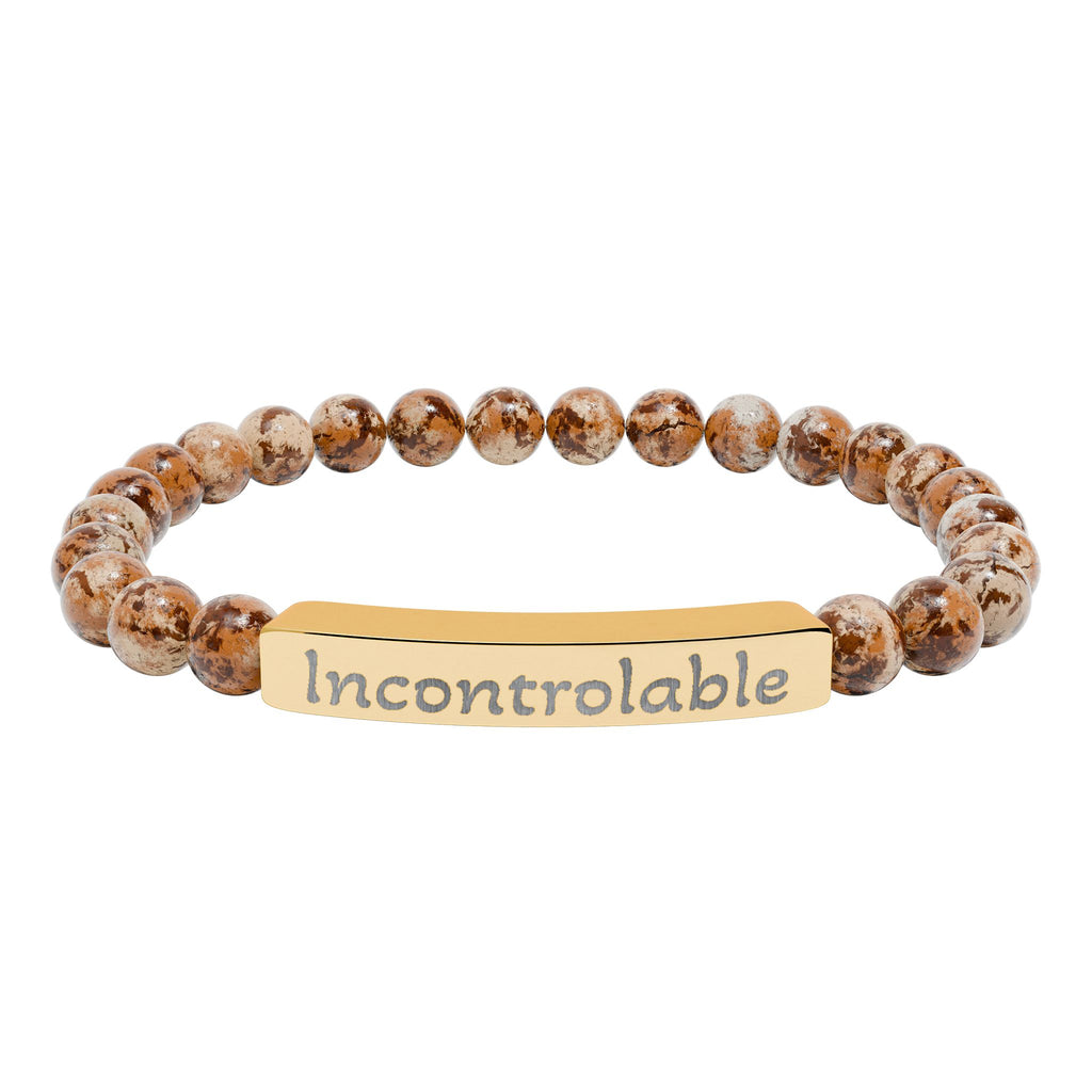 Engraved Natural Stone Stretch Bracelet — 'Incontrolable' Bar Beaded Bracelet