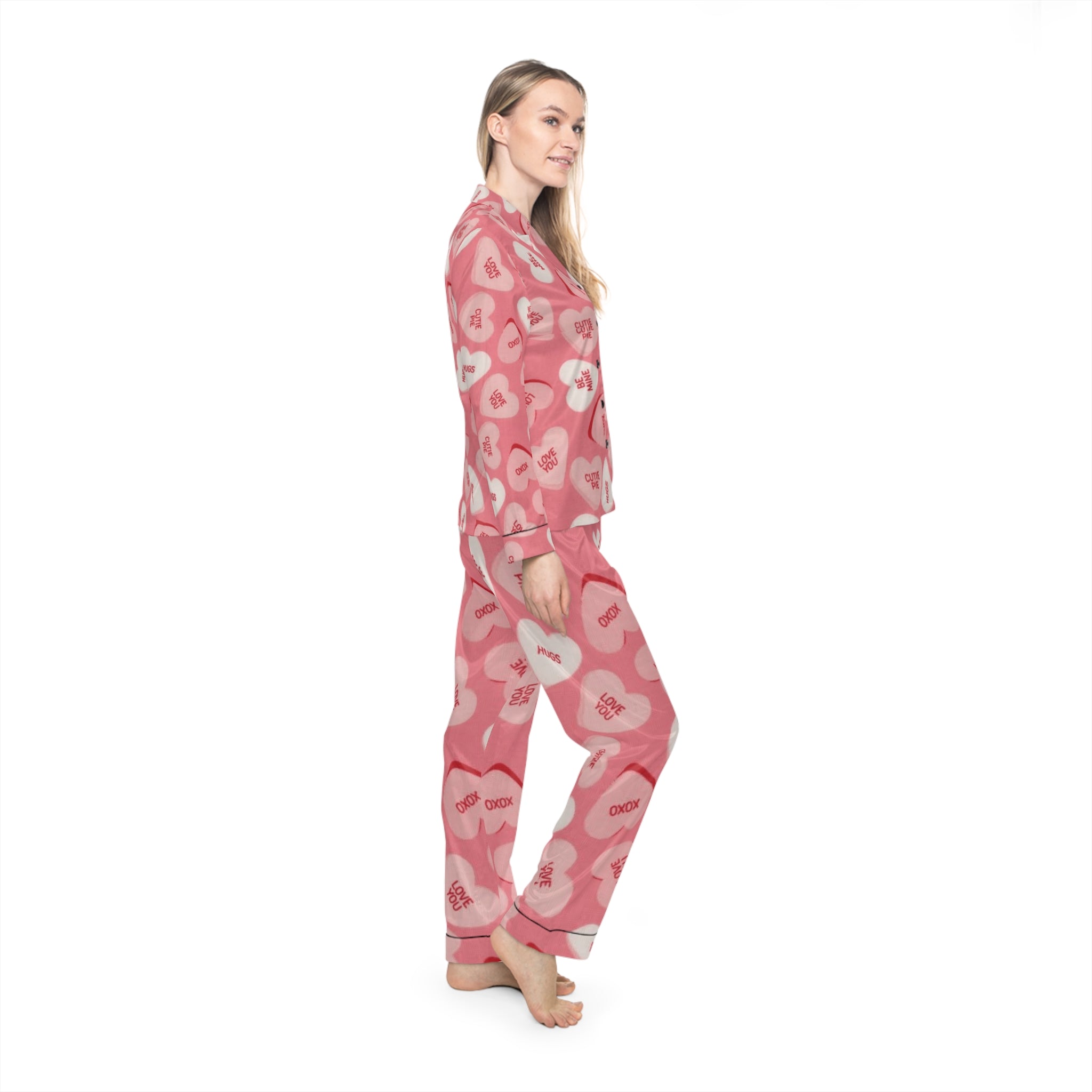 Valentine's Heart Satin Pajama Set — Pink Conversation Hearts Sleepwear