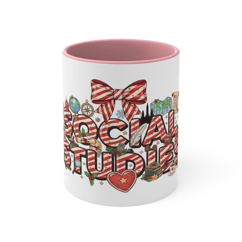 Social Studies Teacher Christmas Mug, Festive Candy-Stripe Holiday Coffee Cup School Staff Christmas Mug Collection,
