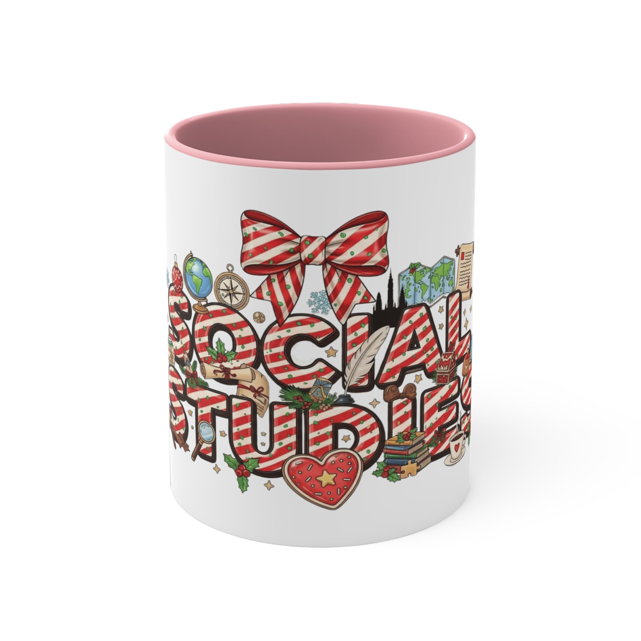 Social Studies Teacher Christmas Mug, Festive Candy-Stripe Holiday Coffee Cup School Staff Christmas Mug Collection,
