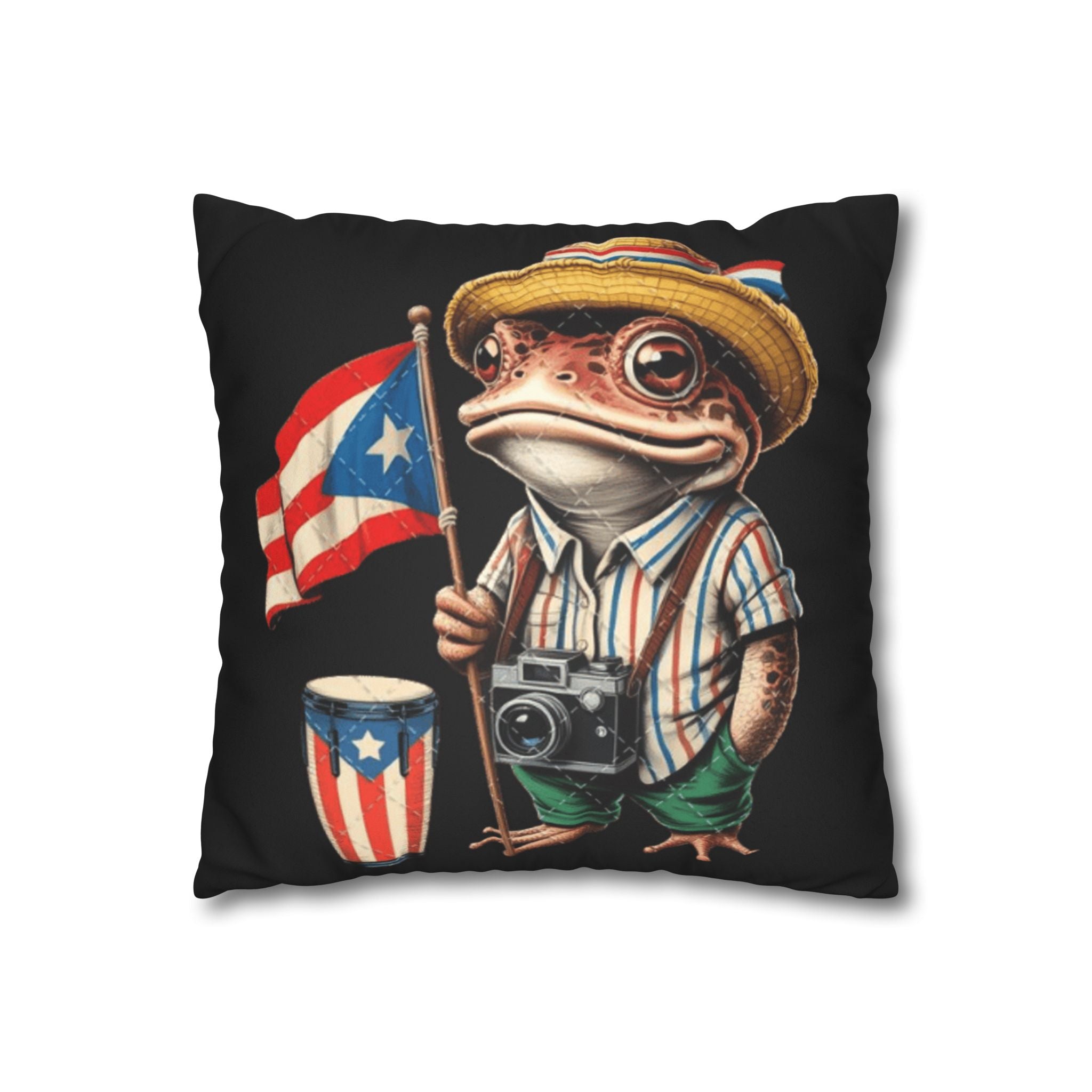 Puerto Rican Flag Frog Faux Suede Pillowcase  Tourist Toad Camera Design Puerto Rico Culture Pillow