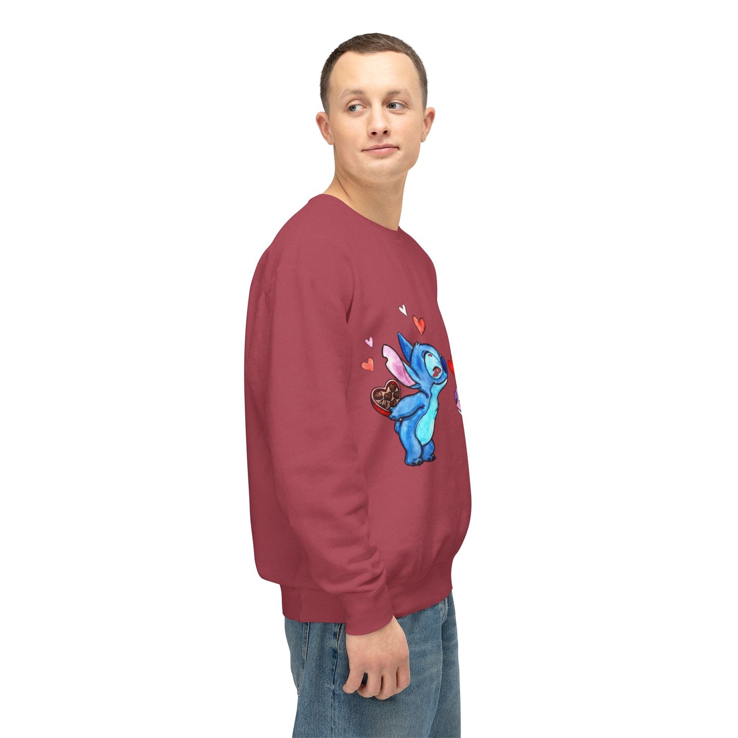 Cute Stitch Valentine Sweatshirt — Blue & Pink Love Characters with Hearts