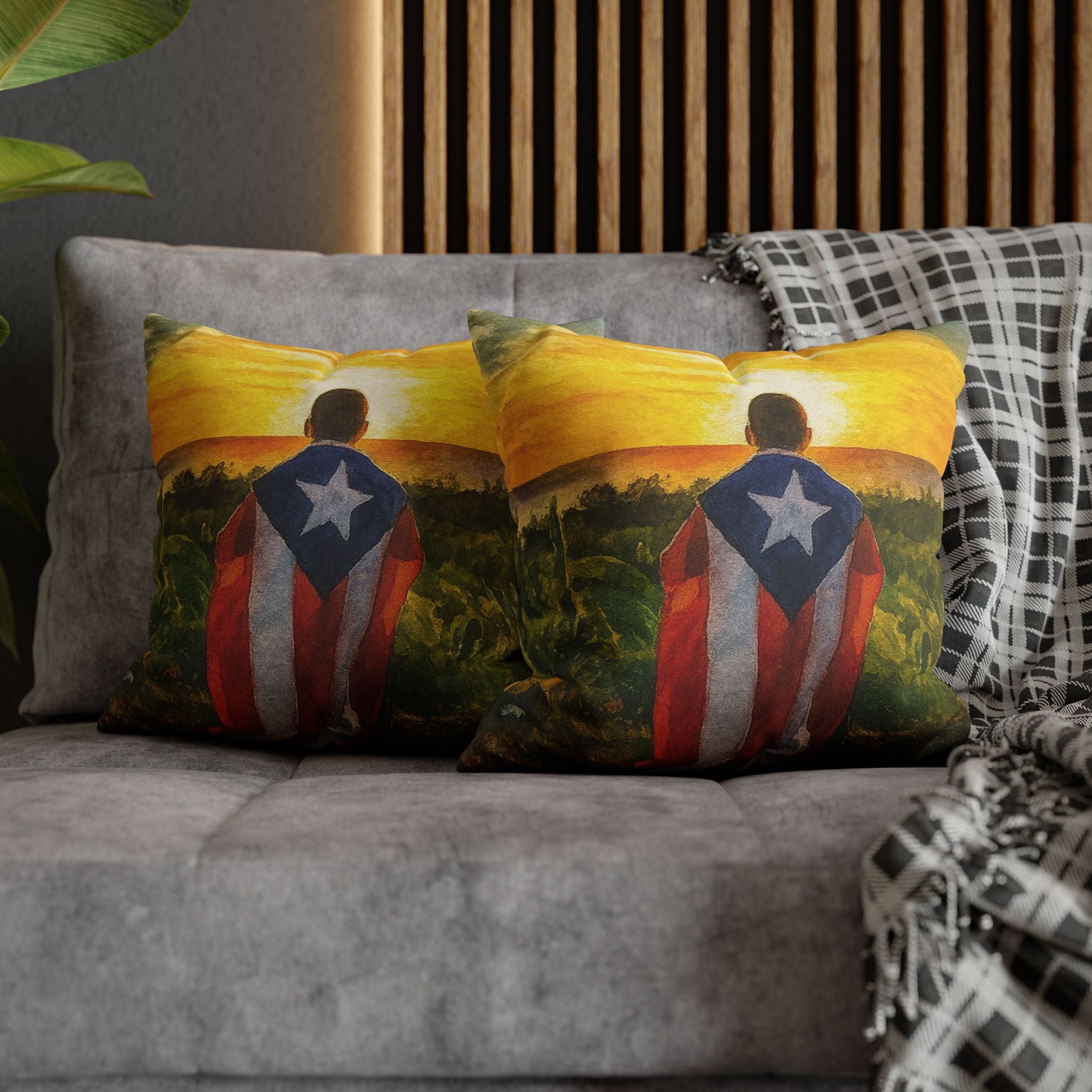 Puerto Rican Flag Sunset Pillowcase  Boy Draped in Puerto Rico Flag Decorative Throw Pillow Puerto Rico Culture Pillow