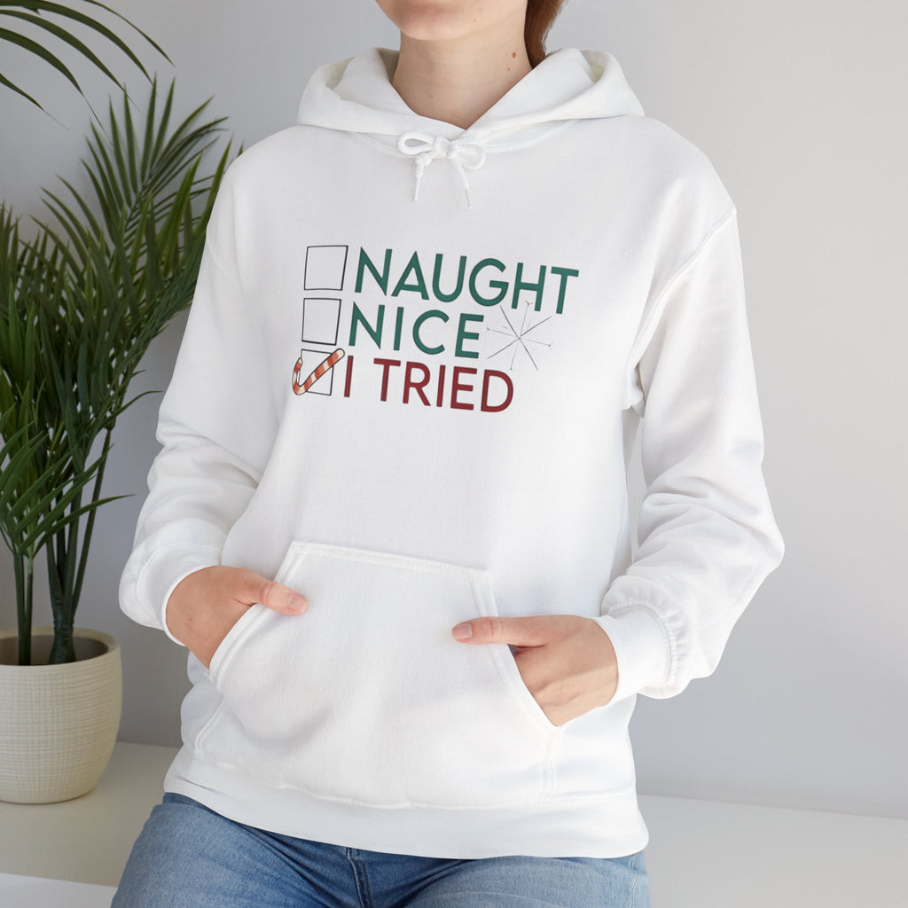 Holiday Hoodie — "Naughty, Nice, I Tried" Funny Christmas Sweatshirt