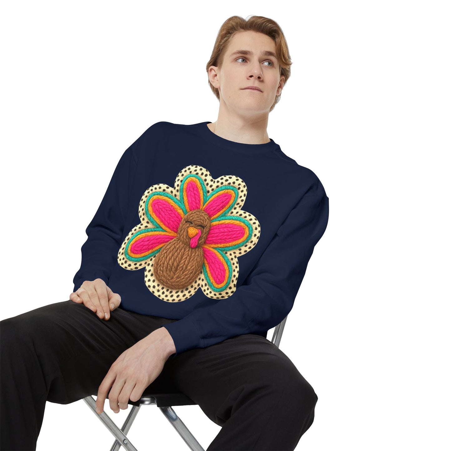 Festive Holiday Designs Turkey Patch Sweatshirt — Colorful Embroidered Thanksgiving Pullover