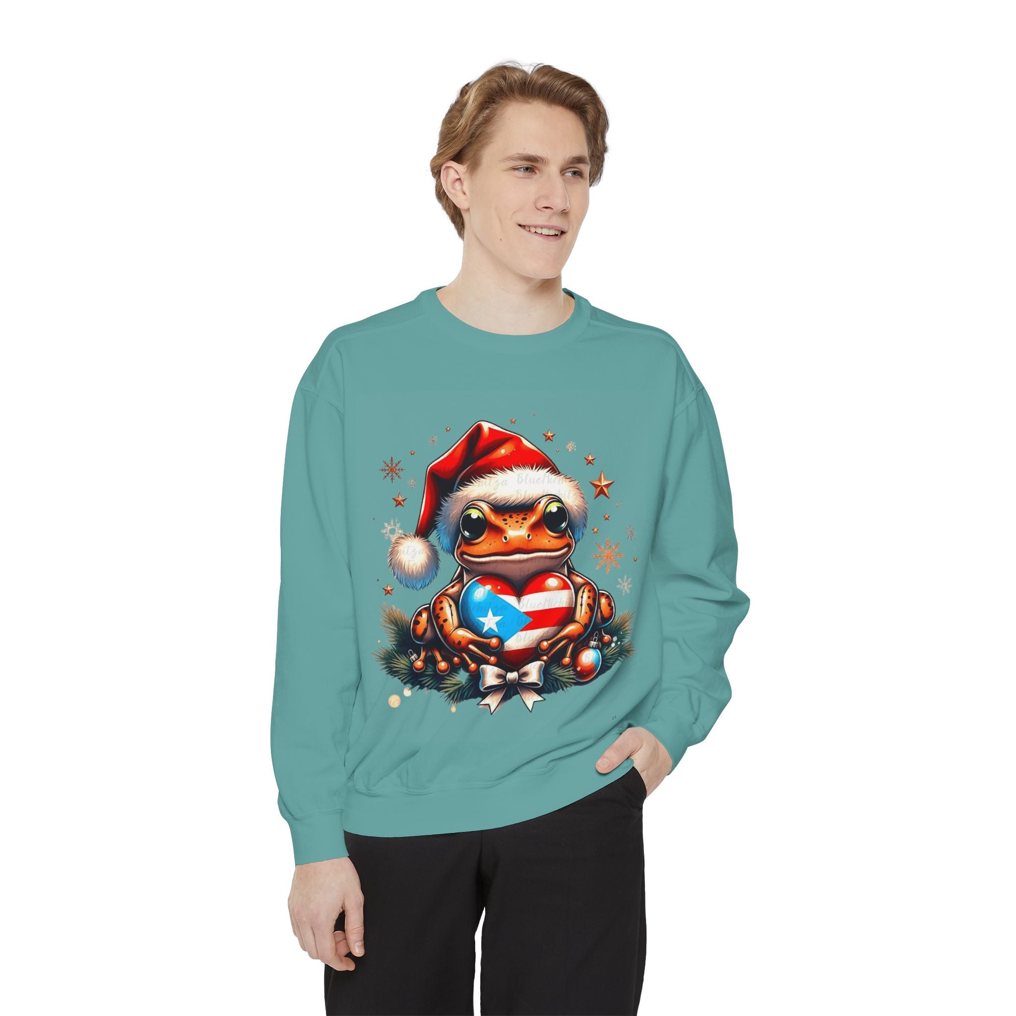 Christmas Coqui Sweatshirt — Cute Santa Frog Holding Ornament Holiday Sweater