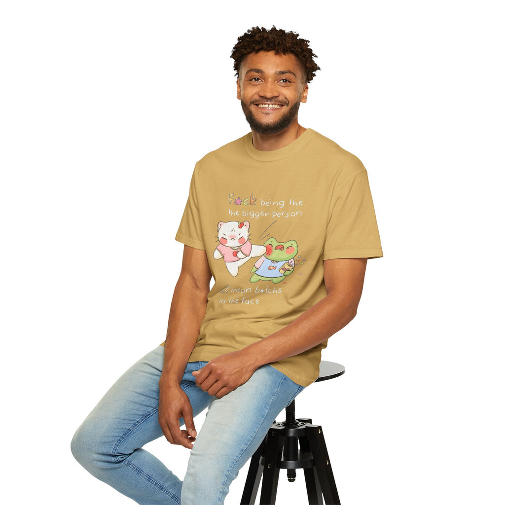 Graphic T-Shirt  Cute Kicking Cat & Frog with 'F*ck Being The Bigger Person' Slogan