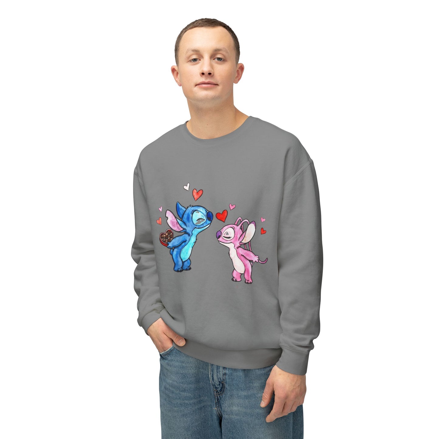 Cute Stitch Valentine Sweatshirt — Blue & Pink Love Characters with Hearts