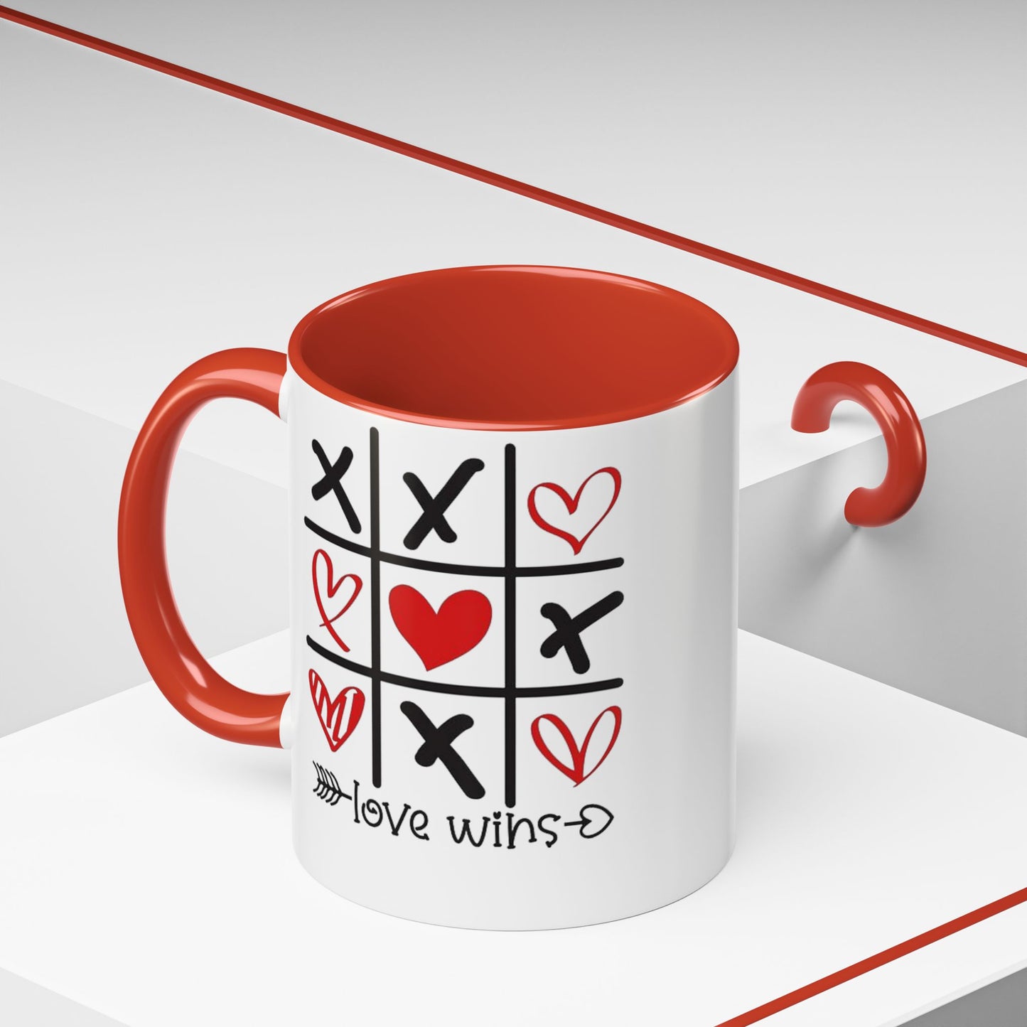 Love Wins Tic-Tac-Toe Heart Accent Coffee Mug — Romantic Valentine 11/15oz