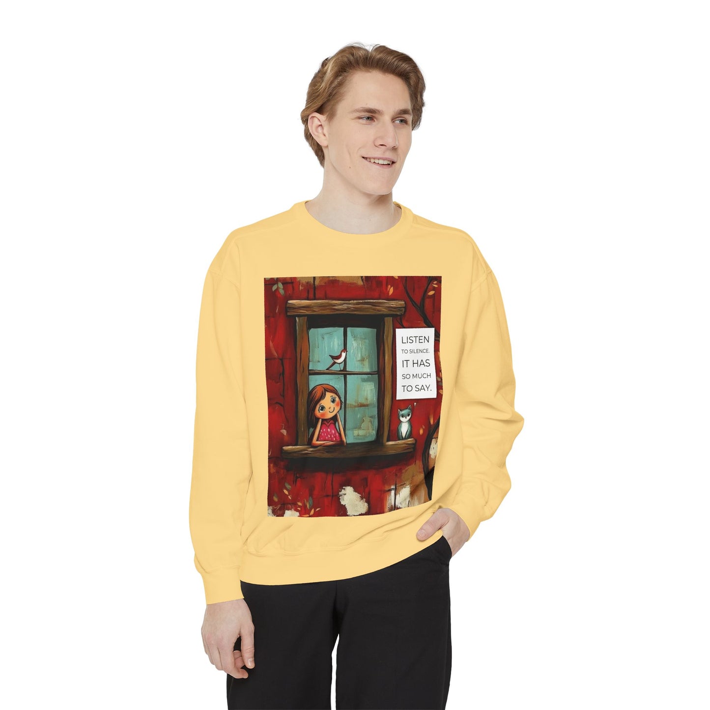 Cozy Window Scene Sweatshirt  "Listen, It Has So Much to Say" Graphic