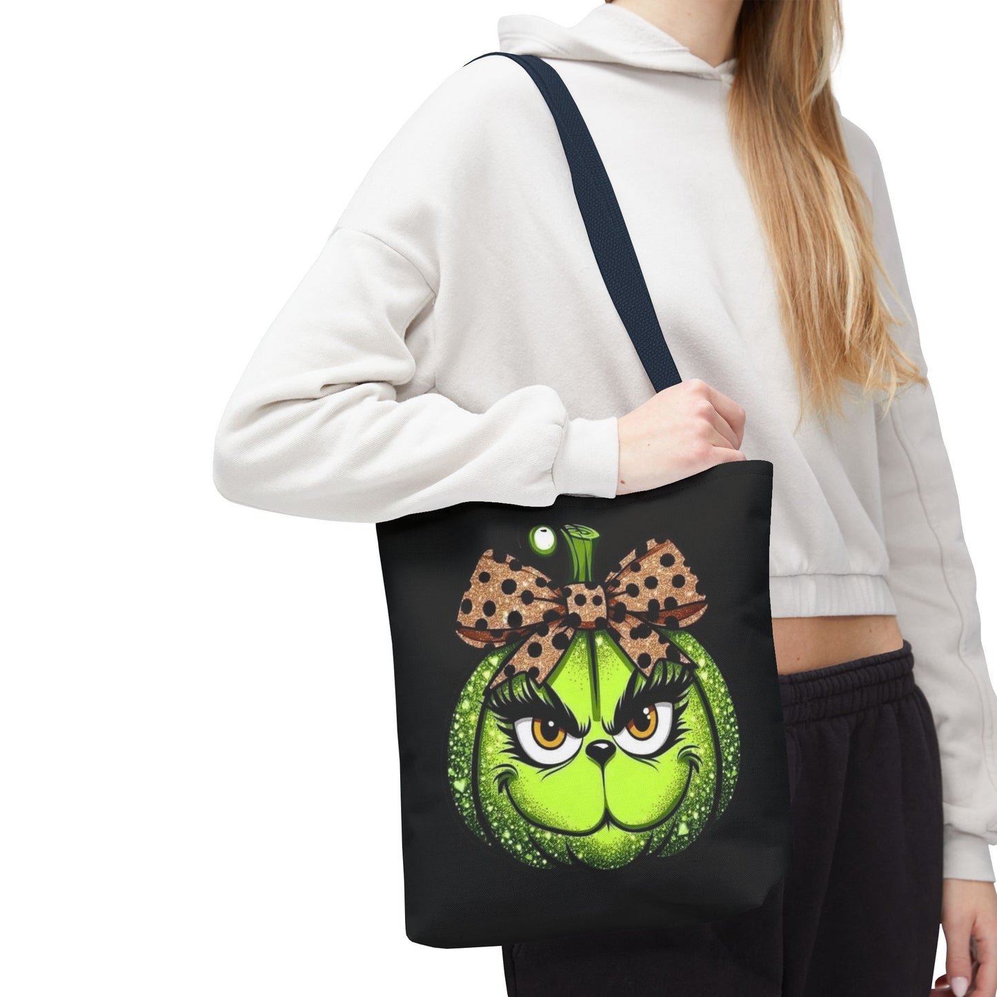 Grinch-Inspired Tote Bag with Polka Dot Bow Christmas Tote Bag Festive Holiday Design