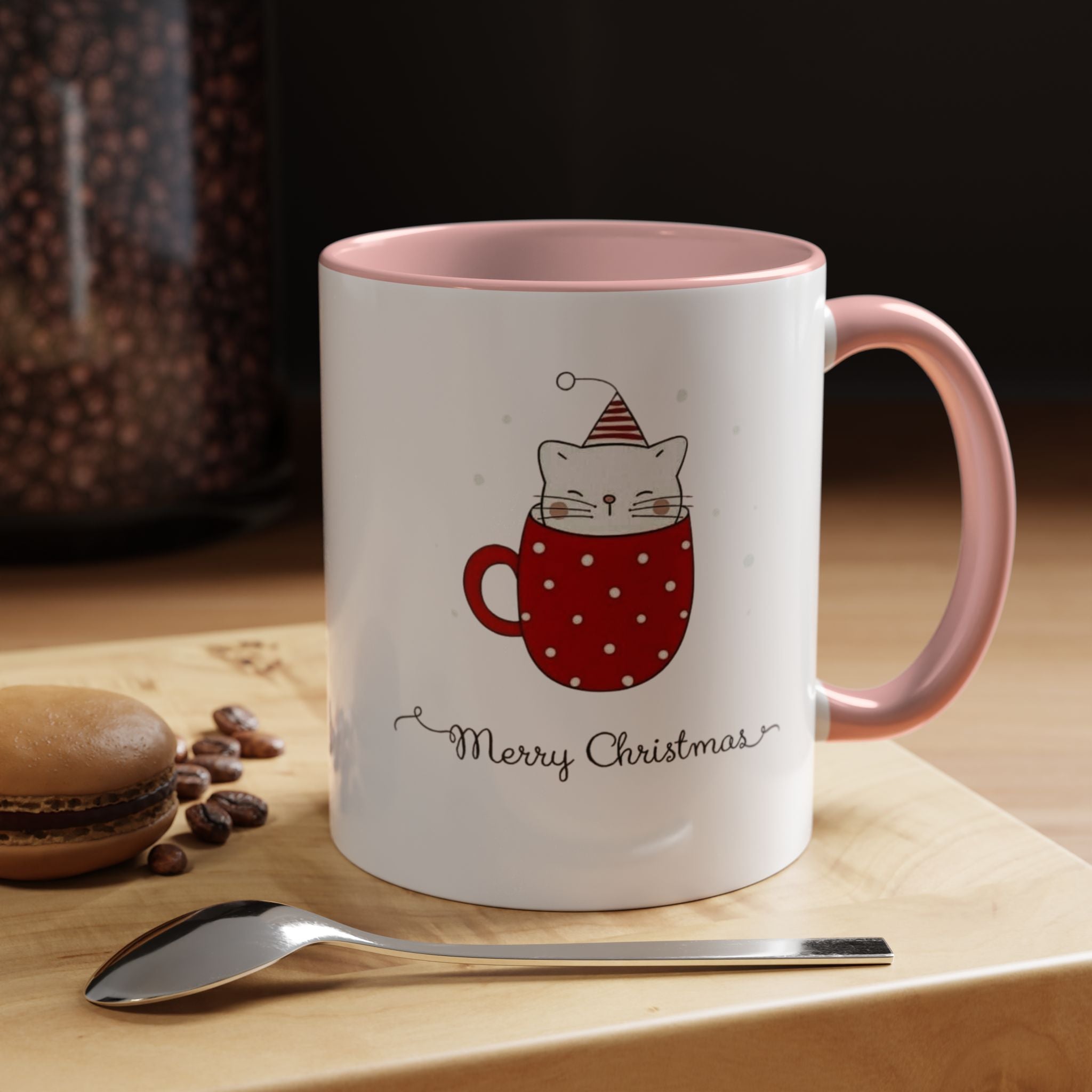 Christmas Cat Accent Mug "Merry Christmas" Polka Dot Holiday Coffee Cup Christmas Mugs Collection!