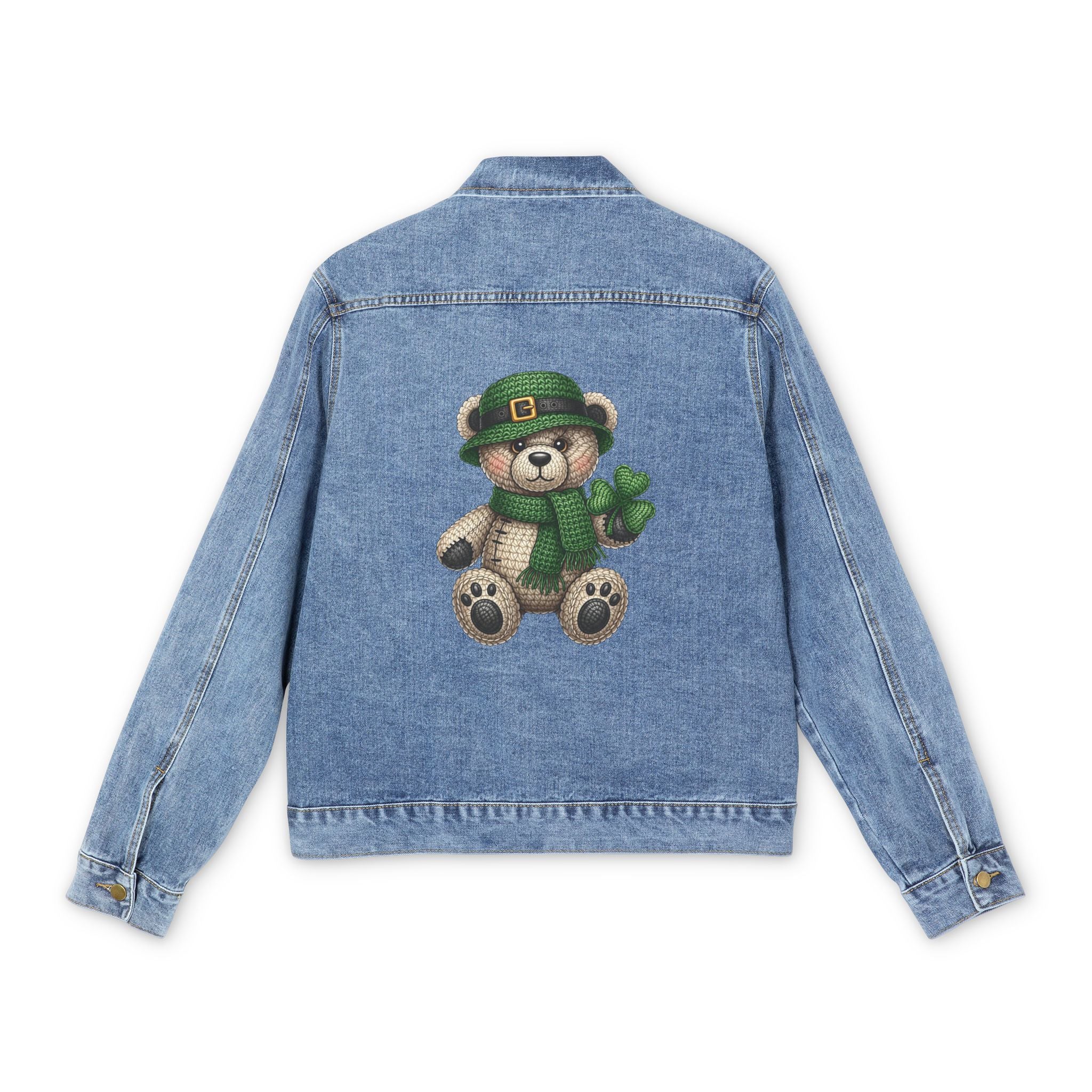 Denim Jacket with St. Patrick’s Teddy Bear Back Patch — Lucky Shamrock Graphic