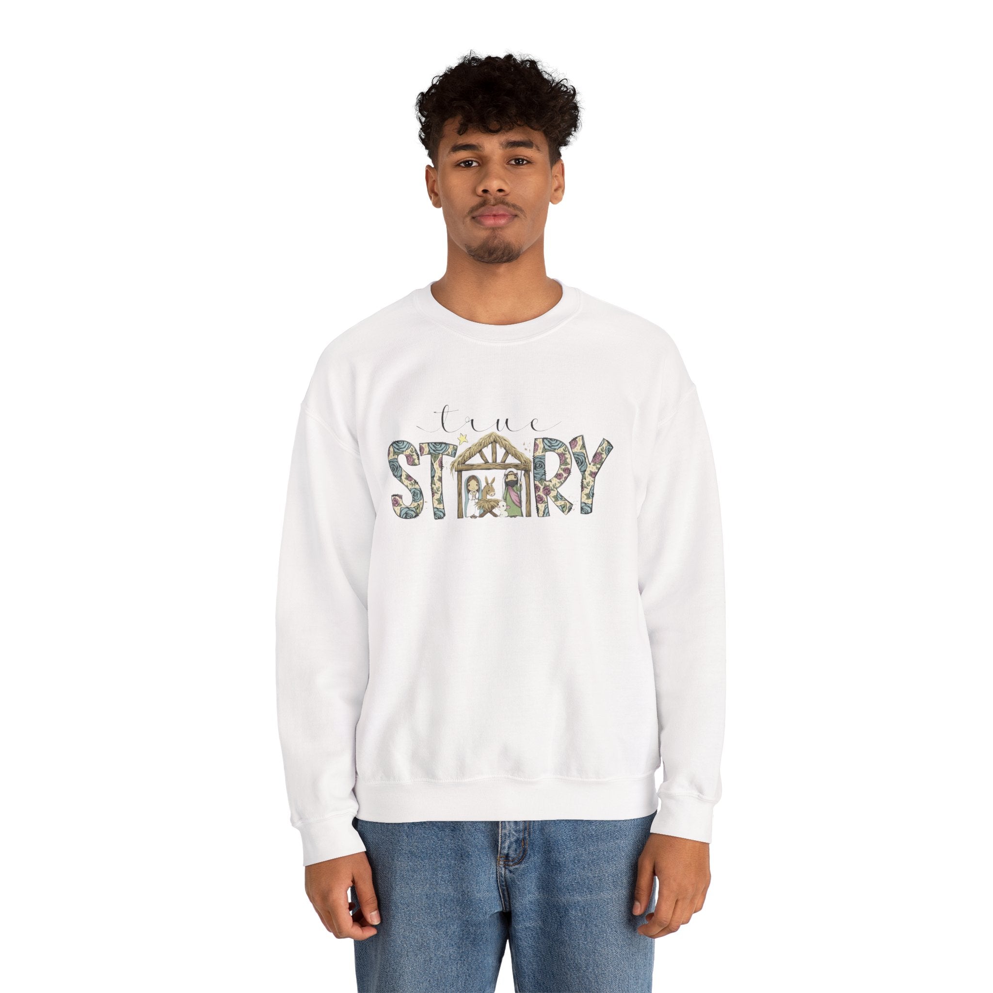 Crewneck Sweatshirt "Come Story" Floral Nativity Design  Cozy Christmas Pullover unique festive designs and joyful