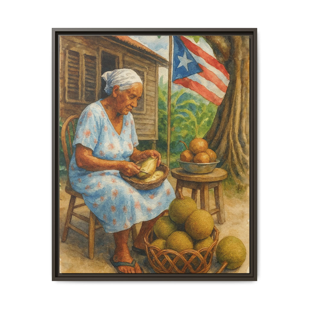 Cultural & Story-Driven These Puerto Rico inspired  Framed Matte Canvas Print  Woman Shelling Fruit Vintage Tropical Painting