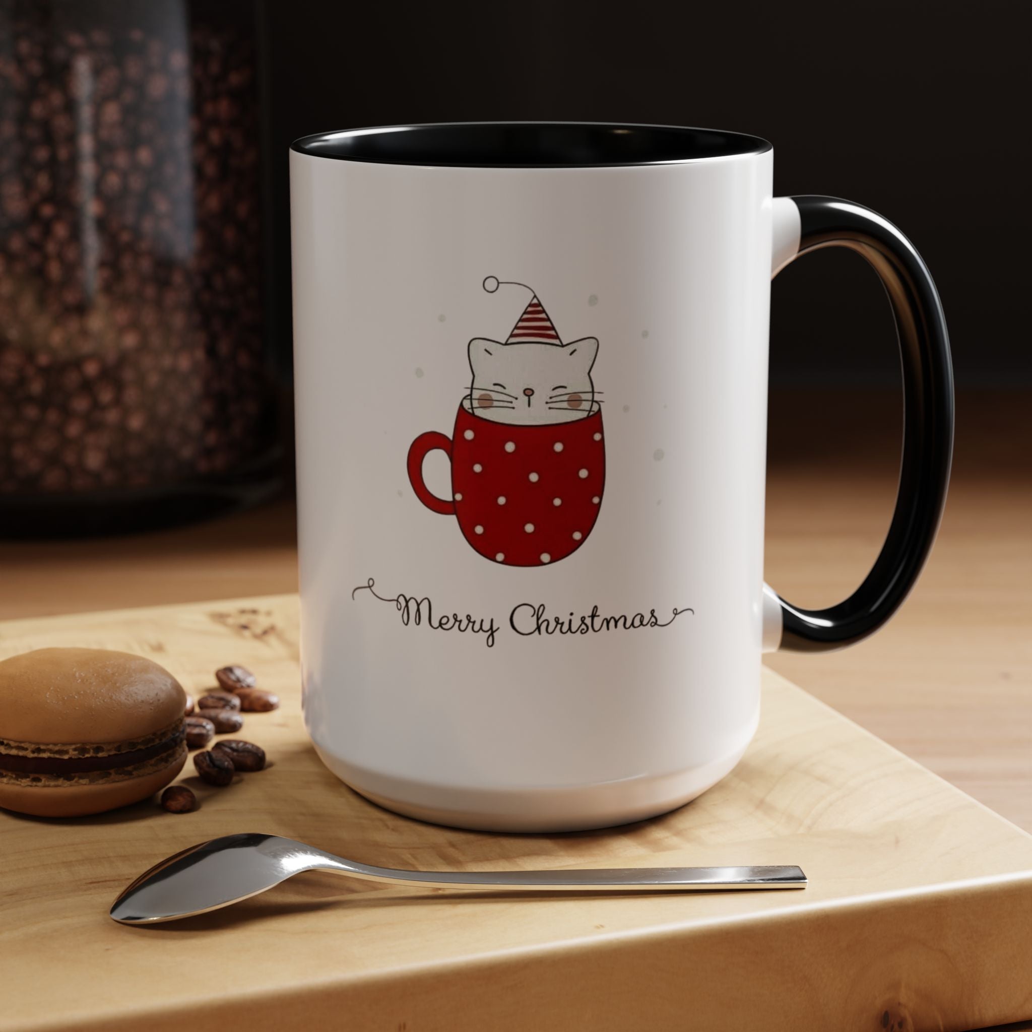 Christmas Cat Accent Mug "Merry Christmas" Polka Dot Holiday Coffee Cup Christmas Mugs Collection!