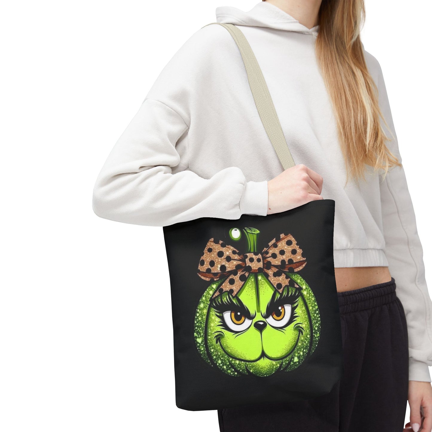 Grinch-Inspired Tote Bag with Polka Dot Bow Christmas Tote Bag Festive Holiday Design